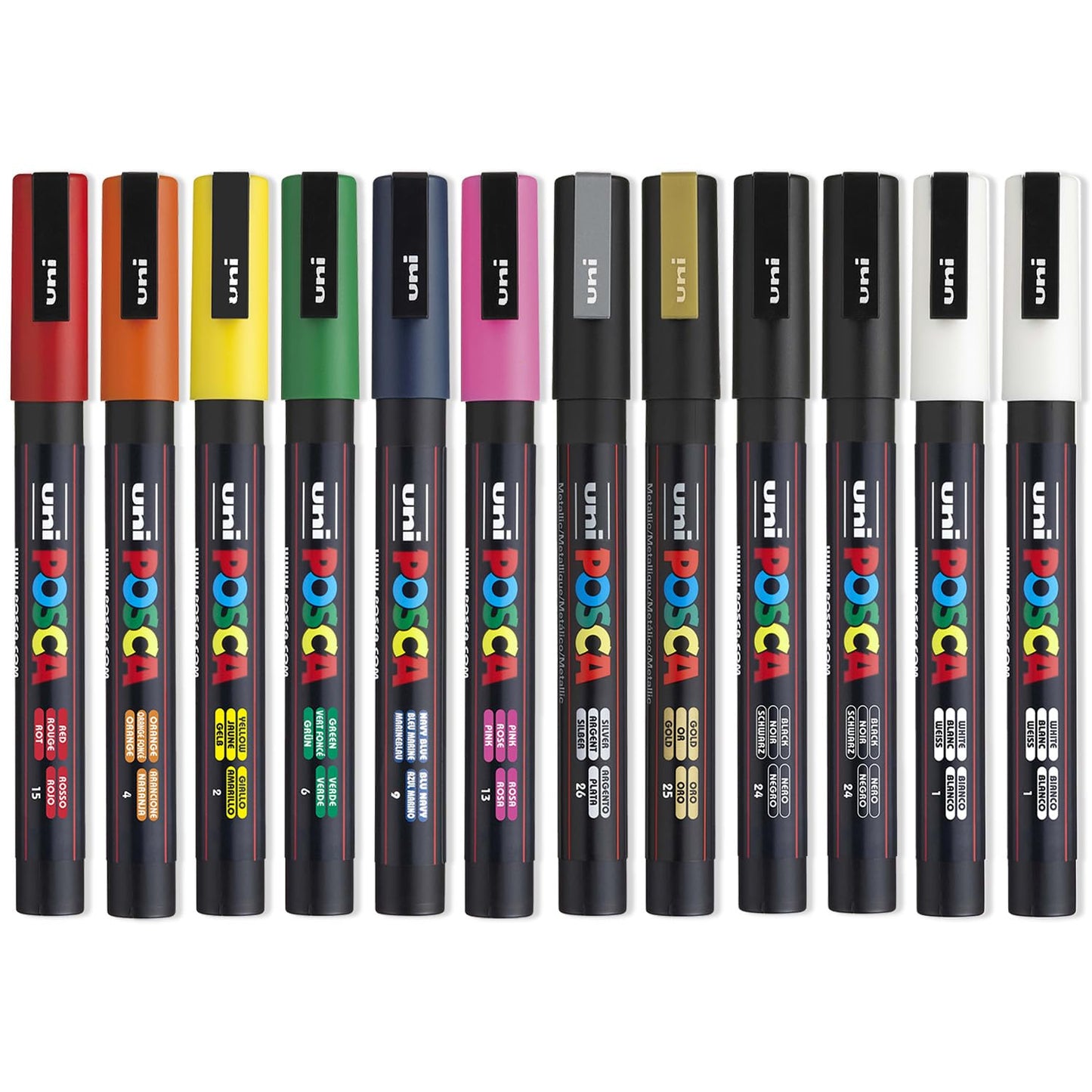 Posca PC-3M Water Based Permanent Marker Paint Art Pen - Professional 12 Pen Set - Extra Black + White