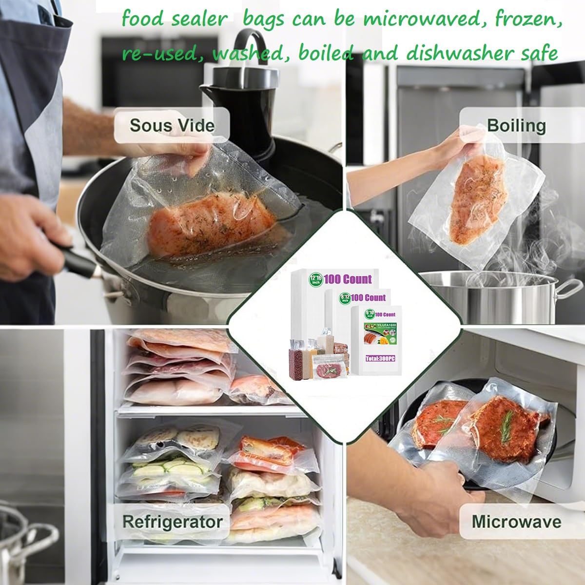 300 PCS Vacuum Sealer Bags for Food Saver - Pre-Cut Freezer Bags (10"x12"+8"x12"+6"x10"), 6X Longer Freshness, BPA Free Sous Vide Bags & Microwave Safe for Food Storage, Fits All Clamp Sealers