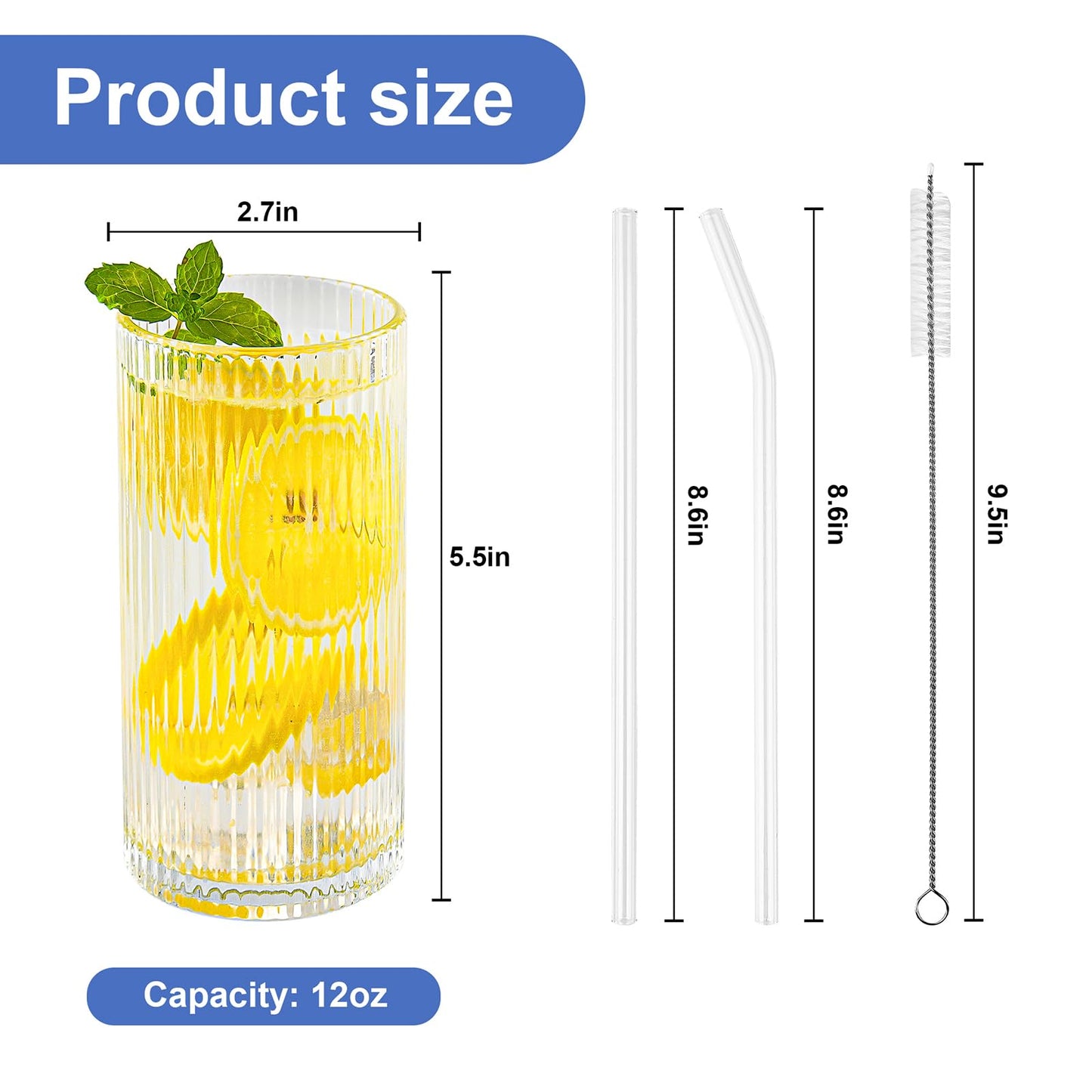 ZMOWIPDL Ribbed Glassware Vintage Drinking Glasses with Straws Set of 6,Clear Fluted Ripple Glass Cups 12oz,Ribbed Iced Coffee Cups for Cocktail, Whiskey, Beer, Juice, Water