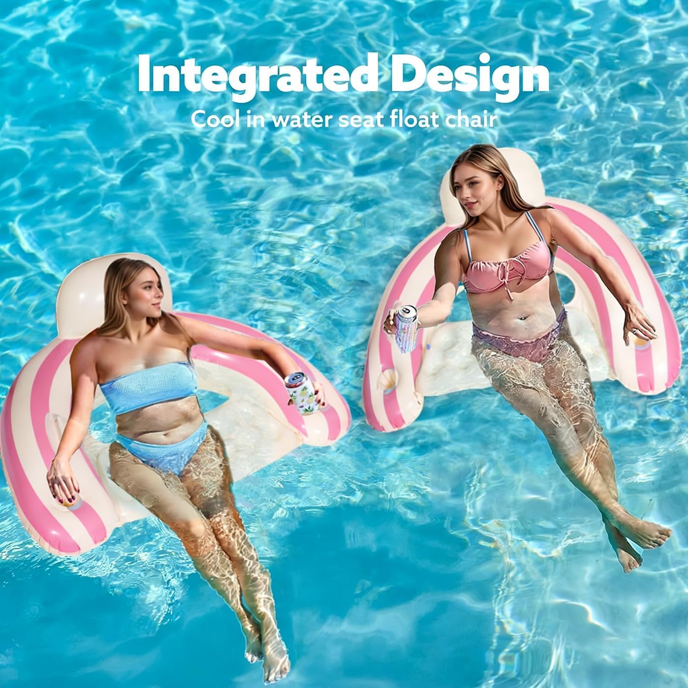 2PCS Inflatable Pool Floats Adult,Striped Pool Chairs with Cup Holders,Blow up Floats Chair for Relaxing Summer Water Fun Swimming Party Beach (U-Pink Lollipop)