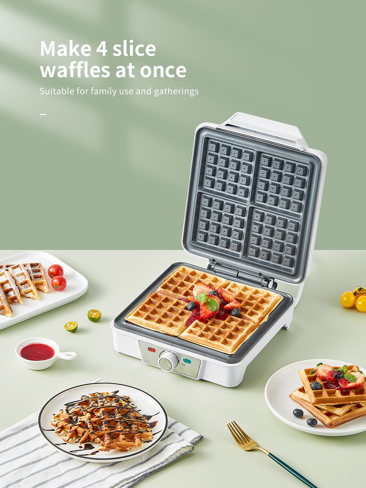 Belgian Waffle Maker 4 Slices, 1200W Waffle Iron, Anti-Overflow Waffle Iron with Adjustable Knob, Nonstick Plates, Indicator Lights, White