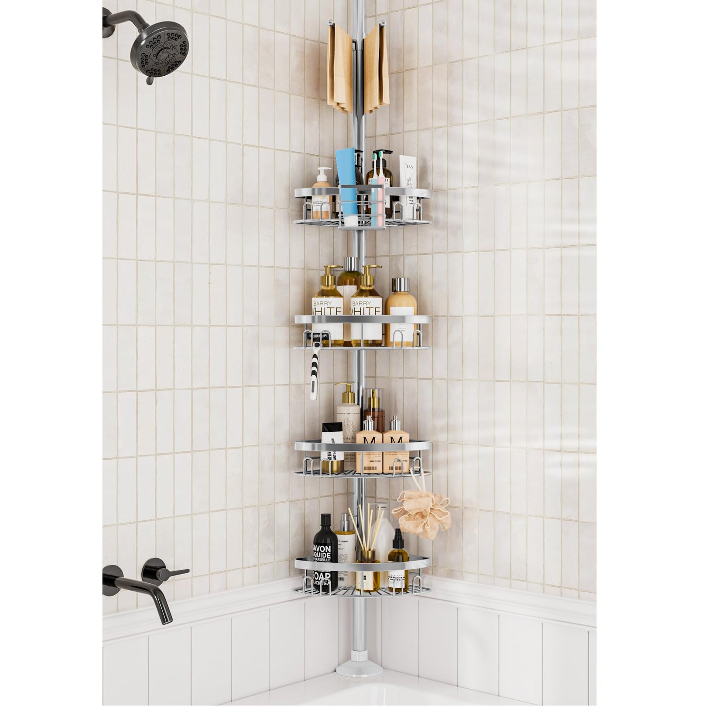 Rustproof Shower Caddy Corner Shelves for Bathroom, Shower Stand Corner Organizer Tension Pole for Bathtub Adjustable Height from 23.6 to 114.5 Inch (Silver)