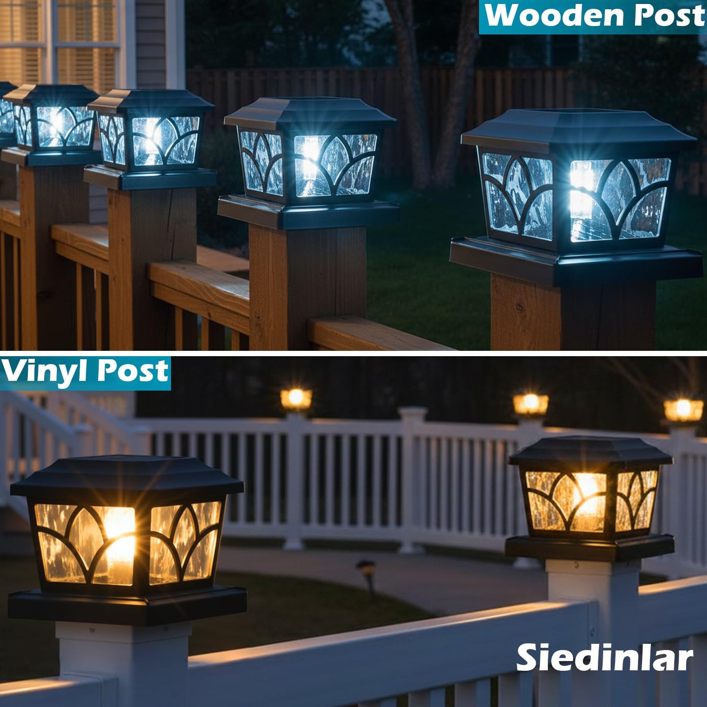 SIEDiNLAR Solar Post Cap Lights Outdoor 4 Modes 40 LEDs Aluminum Glass Deck Post Light for 4x4 5x5 6x6 Wooden Vinyl Posts Fence Patio Decor, Warm White & Cool White Dynamic Lighting Black (2 Pack)