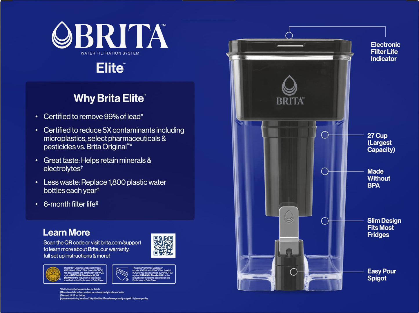 Brita 27 Cup Elite Filter Dispenser, Reduces 30+ Contaminants including Lead and Microplastics, Filter lasts 6 months, UltraMax, Black