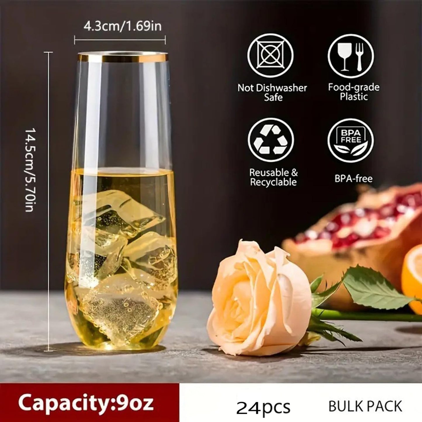 Jodoniz 24 Pack Plastic Champagne Flutes Disposable 9 Oz Stemless Clear Plastic Champagne Glasses Plastic Mimosa Glasses with Gold Rim Heavy Duty Unbreakable for Party Wedding Birthday