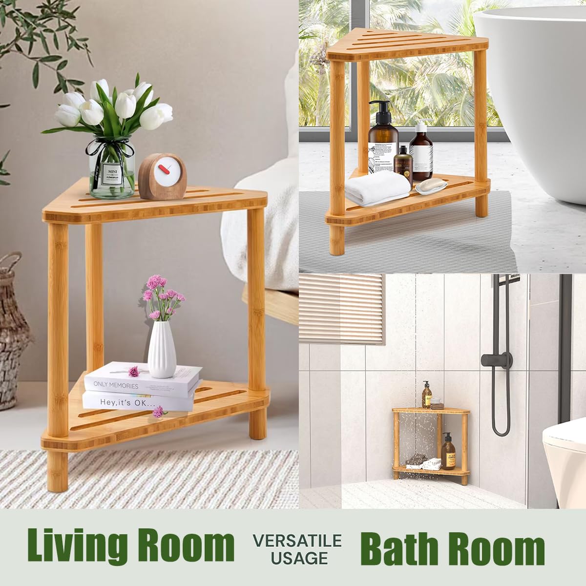 Bamboo Corner Shower Stool,2-Tier Waterproof Shower Stool for Inside Shower Shaving Leg,Small Spaces,Shower Foot Rest with Storage Shelf,Shower Bench,Bath Seat,Corner Nightstand gift for women mom