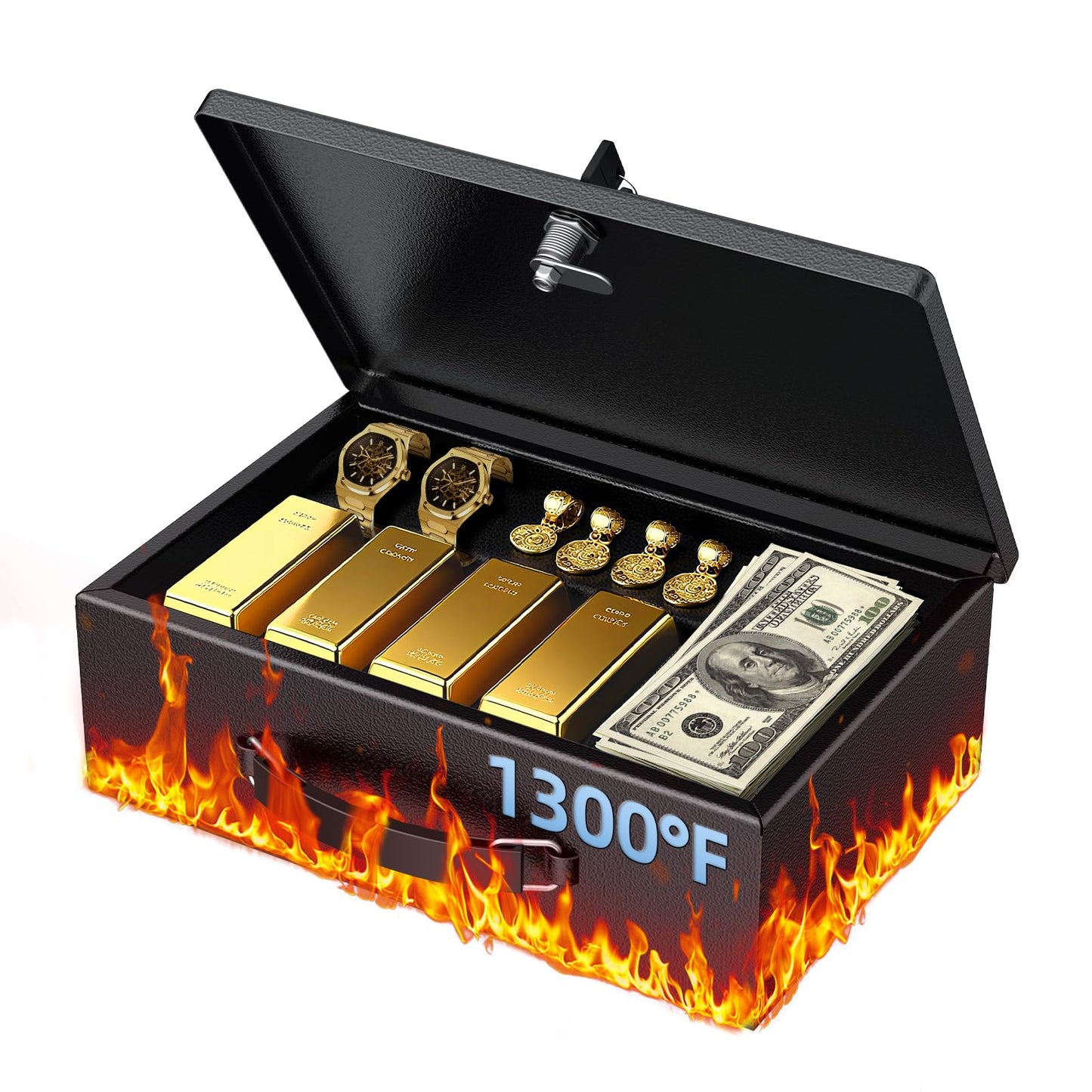 Uniclife Fireproof Document Box with Key Lock & Handle, 12.7" x 8.5" x 4.1" (NOT Fit A4 Paper), Medium Lock Box, Water-Resistant Safe Box for Valuables, Passports & Cash, Portable Security Metal Chest