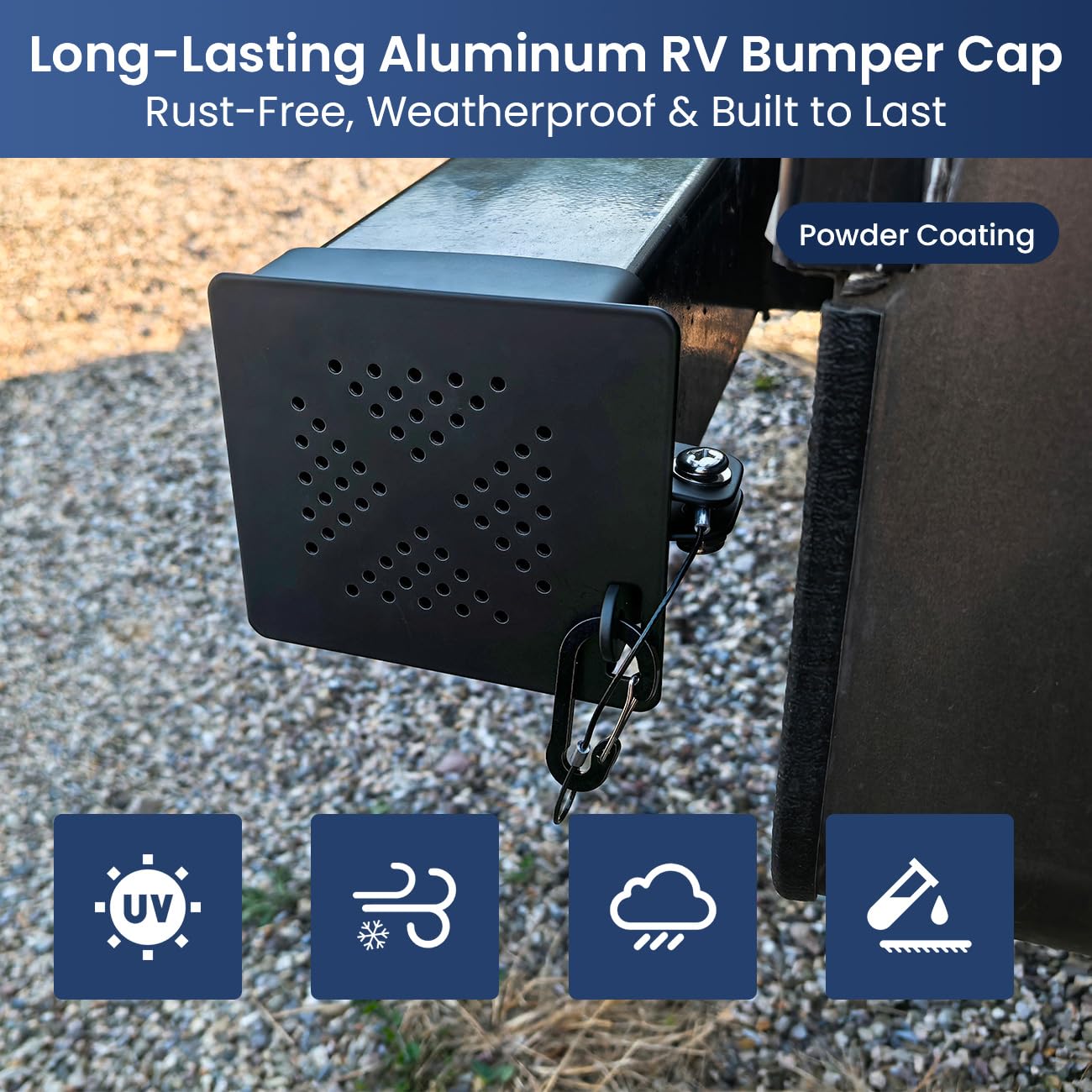 Aluminum RV Bumper End Cap- Fits Standard 4-Inch Square Camper Bumpers, No-Insect Vent Holes, Secure Sewer Hose Storage, Must-Have Travel Trailer Accessories - 2 Pack
