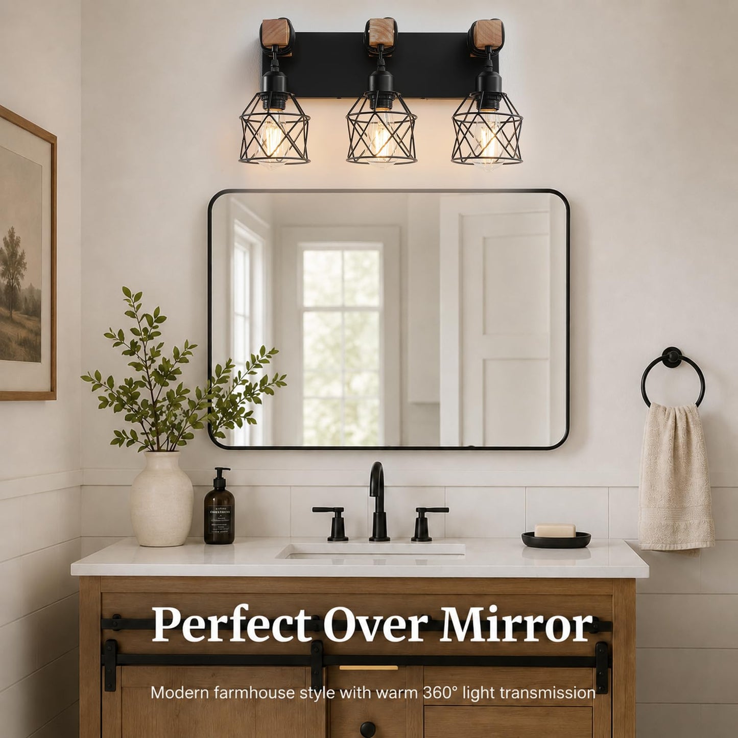 Farmhouse Vanity Light Fixture,3-Light Bathroom Lighting,Black Industrial Wood Wall Light Over Mirror with Metal Shade,Bulbs NOT Included