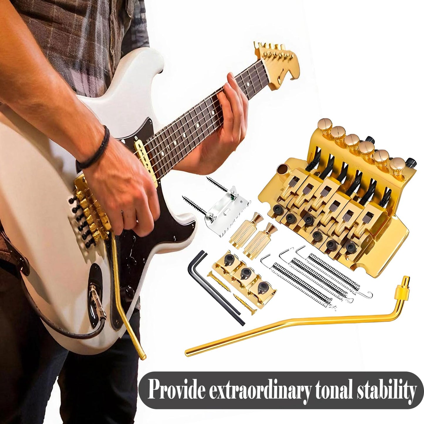 Double Locking Tremolo Bridge System with Arm - Compatible with Floyd Rose & Strat Replacement| Chrome Upgrade Kit for Electric Guitars (Gold)