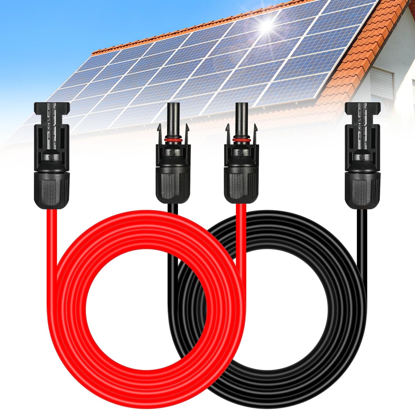Afurkuot 50FT 10AWG Solar Extension Cable Wires, 50 Feet 10 Gauge Solar Panel Extension Wires with Female and Male Connector, 1 Pair Black + Red Solar Cable Wire 10AWG