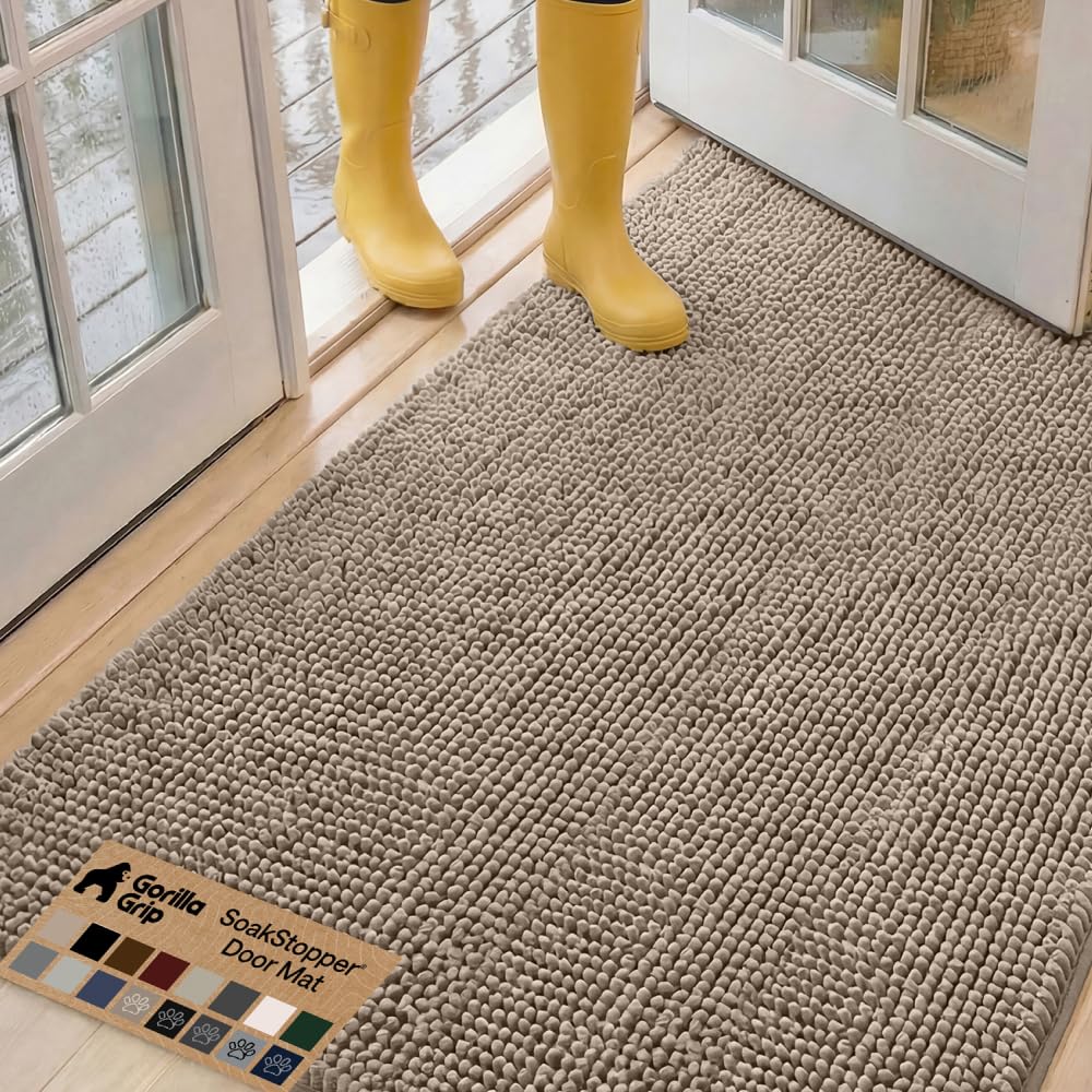 GORILLA GRIP Ultra Absorbent Grippy Doormat for Muddy Dog Paws, 60x36 Machine Washable Soak Stopper Rugs Cleaner Floors, Bed Mat for Dirty Dogs, Indoor Entrance Door Rug Pet Bed Mats Beige