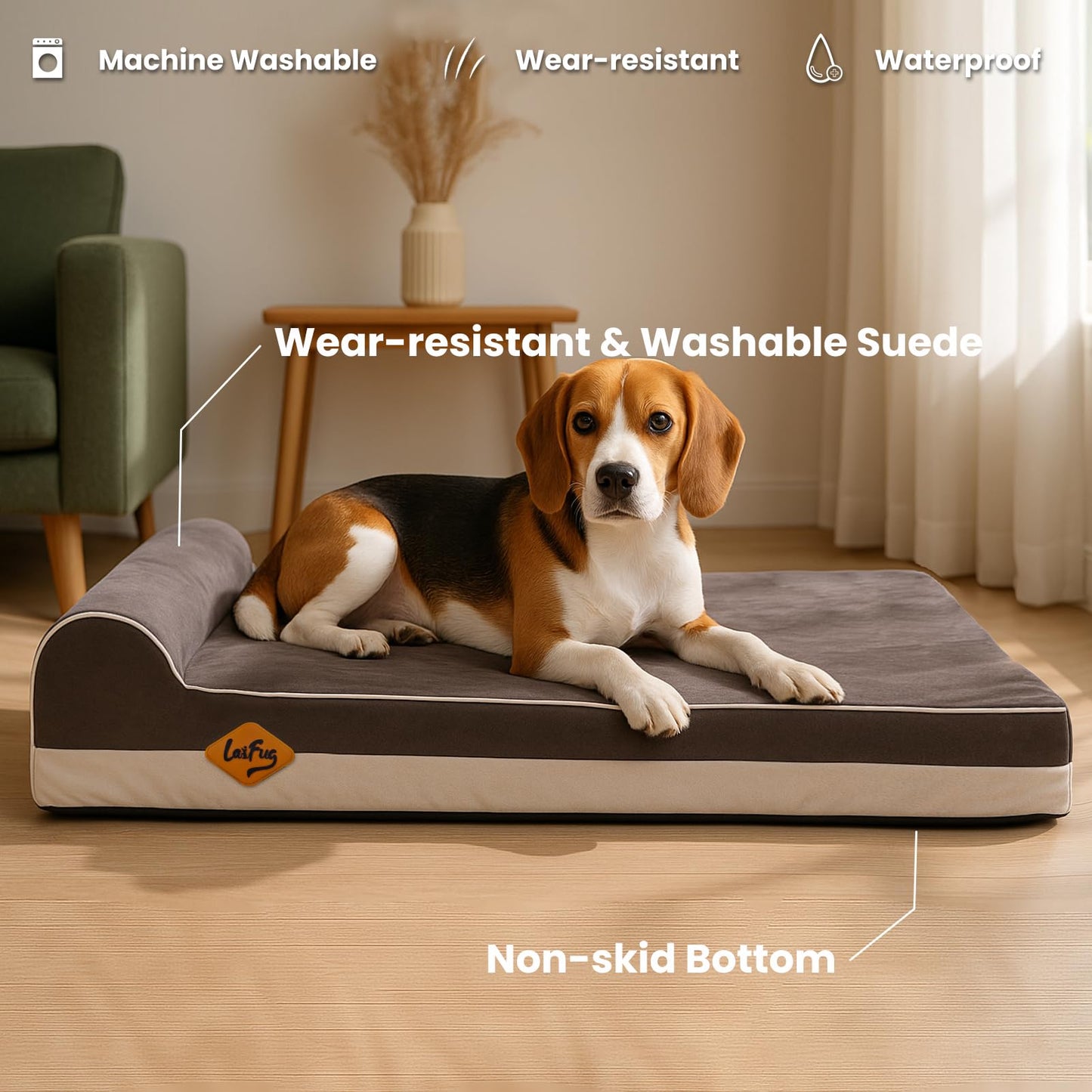 Laifug Orthopedic Memory Foam Dog Bed with Pillow and Durable Water Proof Liner & Removable Washable Cover & Smart Design Medium (34"x22"x6"), Grey