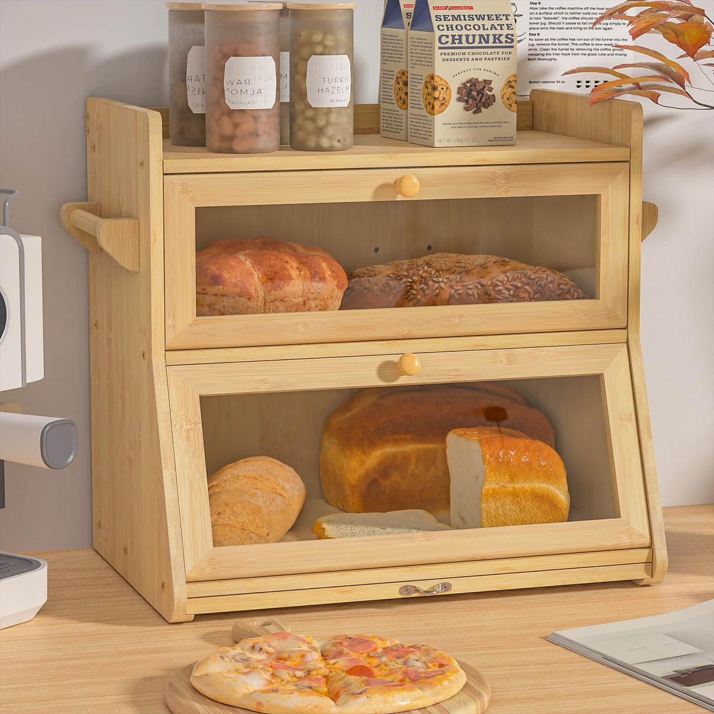 Giluta Double Layer Bread Box for Kitchen Counter, Large Bread Storage Container with Clear Acrylic Door, Bamboo Farmhouse Bread Organizer Countertop Breadbox
