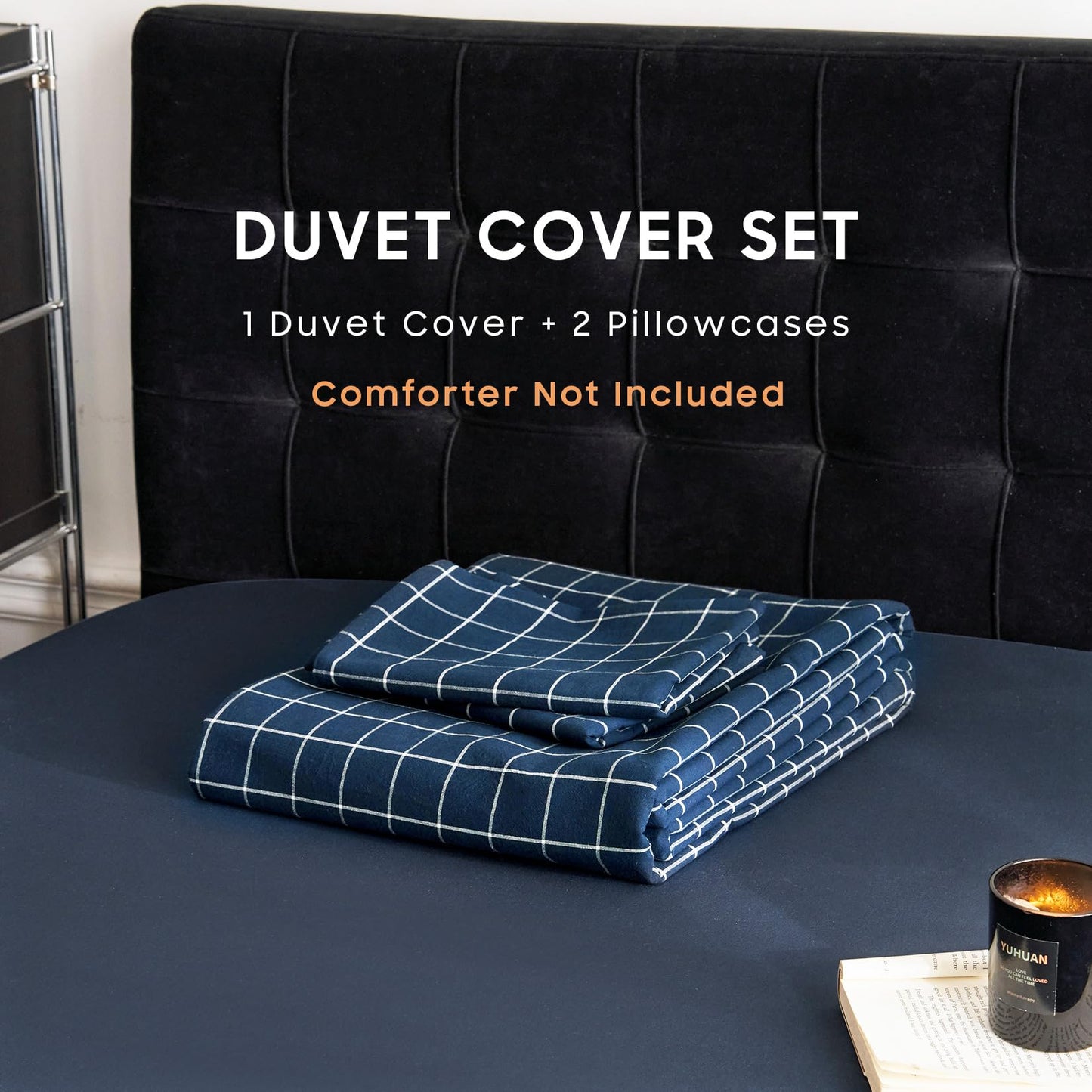 Wake In Cloud - Grid Duvet Cover Set, 100% Washed Cotton Checkered Plaid Farmhouse Check Gingham Geometric Beddings with Zipper Closure, 3 Pieces, Navy Blue, Queen Size