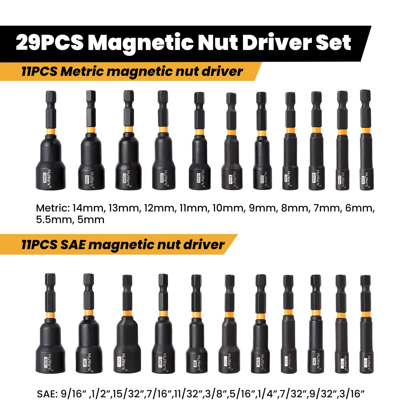 MulWark 29 Piece Magnetic Nut Driver Set, Impact drill socket adapter, SAE, and Metric Nut Driver Set Includes Magnetic Bit Holder, Quick Release Extension with Storage Bag