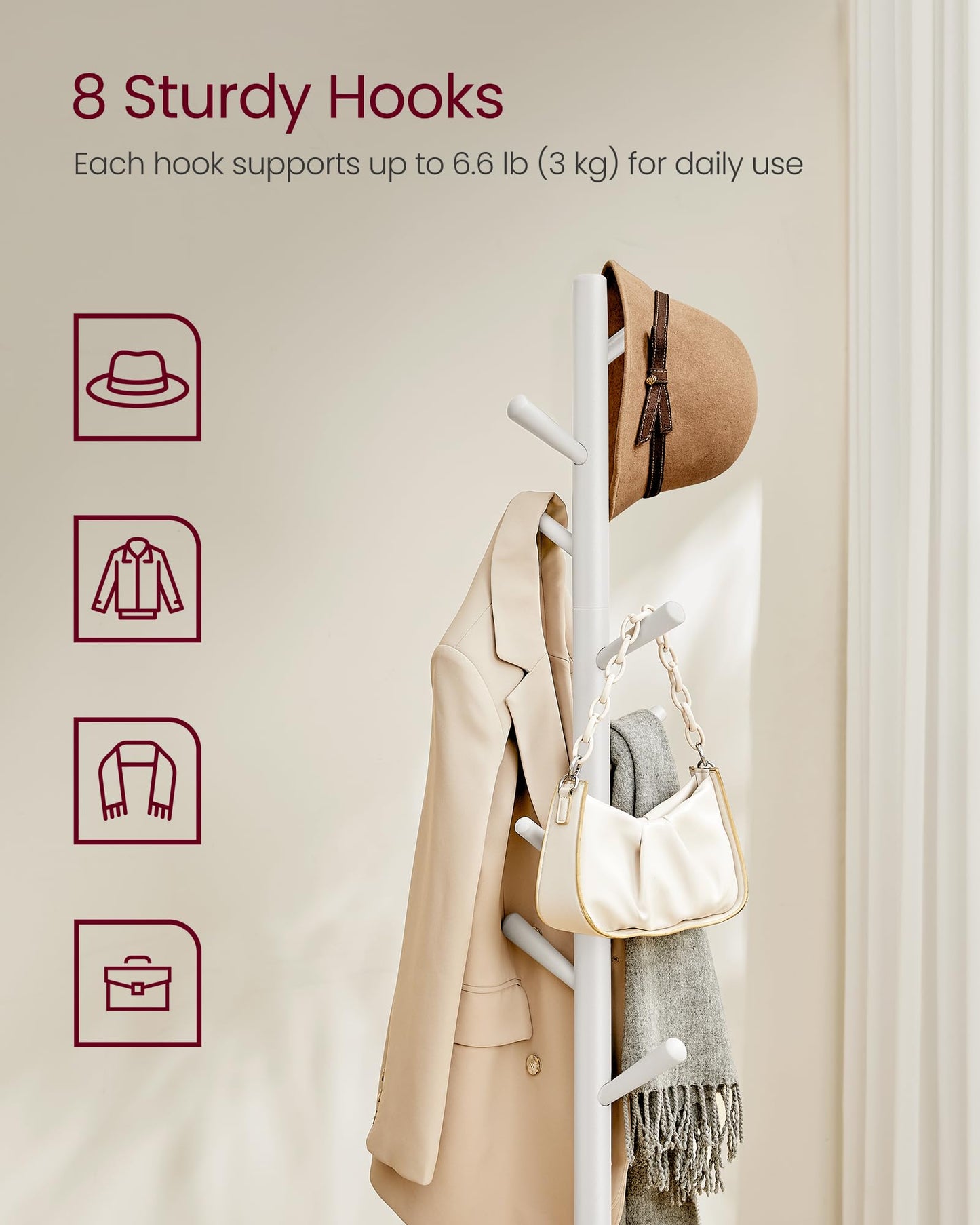 VASAGLE Solid Wood Coat Rack, Free Standing Hall Coat Tree with 8 Hooks, 3 Height Options, for Coats, Hats, Bags, Purses, for Entryway, Hallway, Rubberwood Hooks and Pole, Cloud White URCR010W02