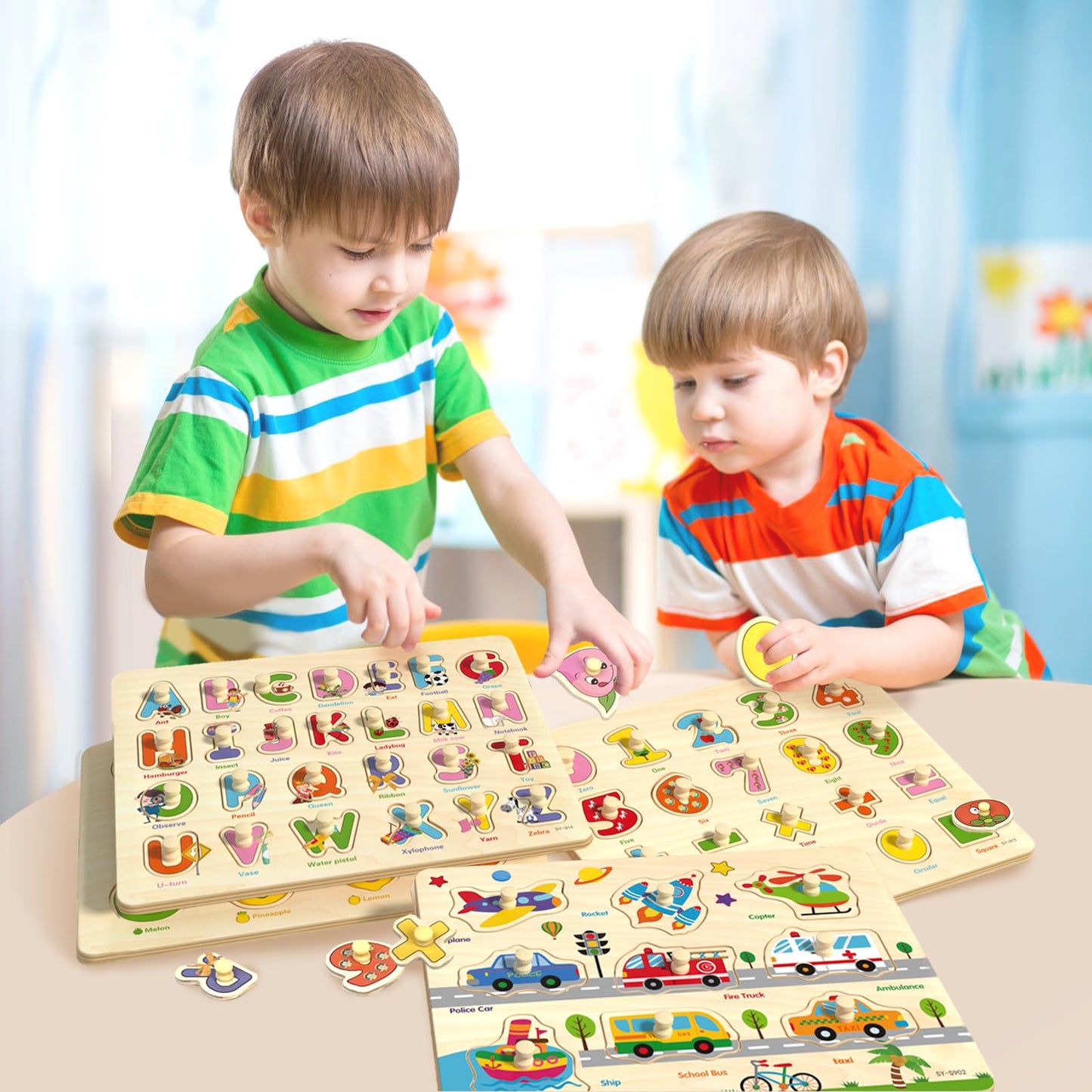edutree Wooden Peg Puzzles for Toddlers 2-4, 6 Pack Educational Peg Puzzles Montessori Toys for Toddlers 1-3, Learning Puzzles for Kids Girs Boys with Alphabet Number Animal Vehicle Shape