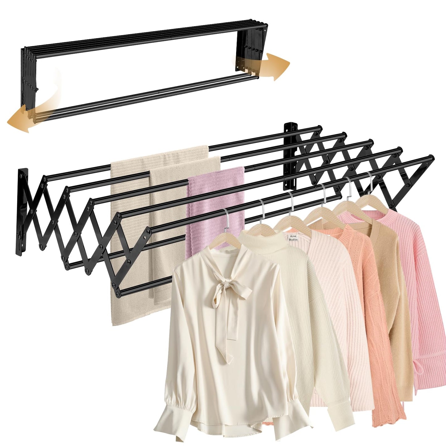 XL-31.5'' Wall Mounted Clothes Drying Rack, 130 lbs Large Capacity Rustproof Retractable Collapsible Drying Rack Easy Install with 7 Drying Rods, Space Saving Towel Drying Rack for Laundry-Black