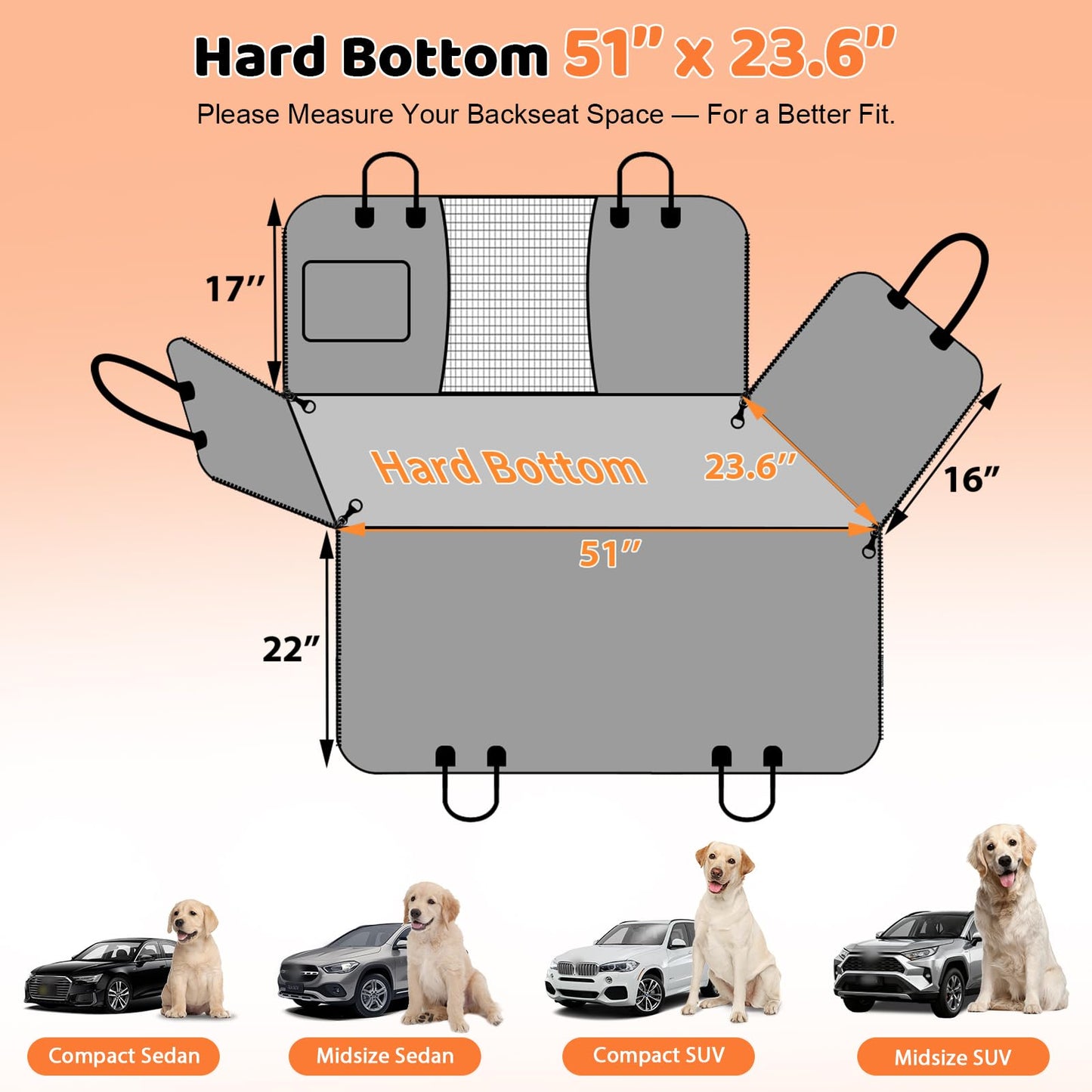 URPOWER Backseat Extender for Dogs - Hard Bottom Dog Car Seat Cover for Back Seat, Foldable Dog Hammock for Car, SUV, and Truck, Pet Rear Seat Protector Dogs Travel Bed with Mesh Window & Side Flaps