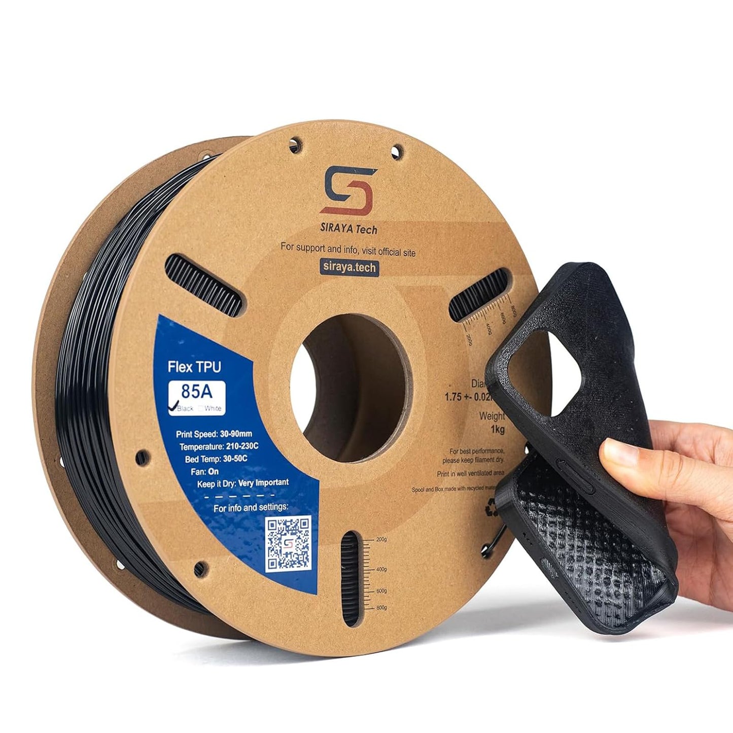 Siraya Tech Flex TPU Filament - 85A Shore, ISO 10993, High Flexibility & Toughness, High Flow & Speed, Easy to Print, Moisture-Resistant Aluminum Bag - Ideal for Footwear, Protective Gear (Black, 1kg)