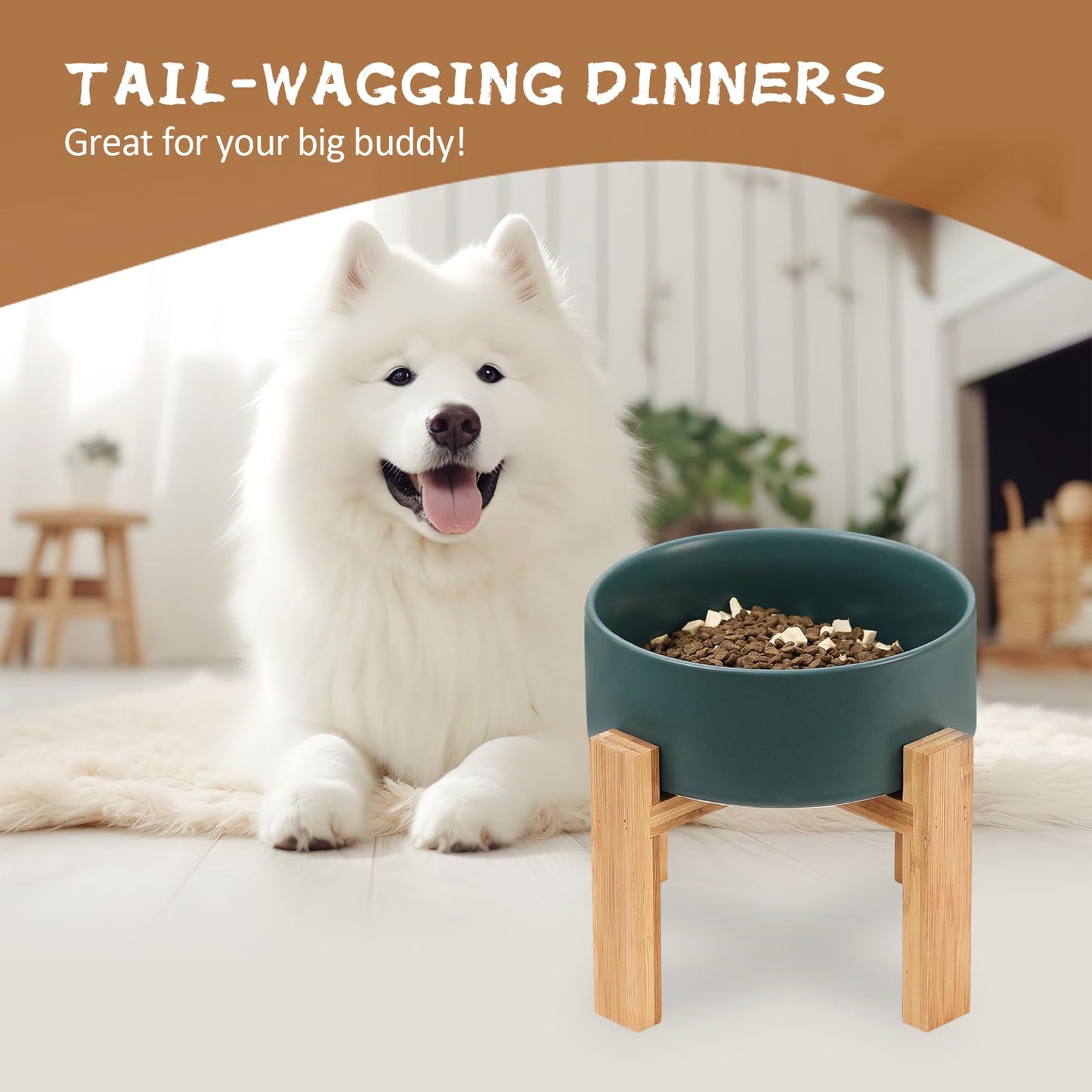 Elevated Dog Bowls for Large Dogs - Ceramic Raised Dog Bowl Stand - Dog Water Bowls and Food Dish - Heavy Weighted or No Tip Over Dog Comfort Food Bowls - Pet Bowl Extra High Capacity 8.4" Diameter