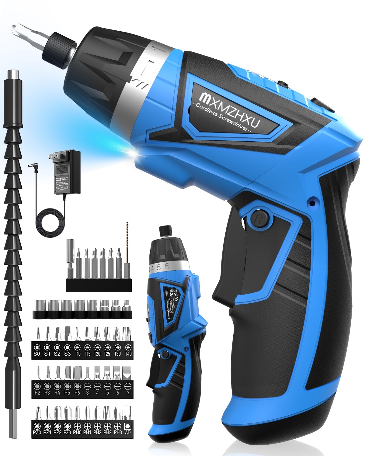 8V Cordless Electric Screwdriver,6+1 Torque Settings 10N·m 180°Adjustable Electric Screwdriver Set 50 Pcs Drill Rechargeable Battery,2Position Handle,Flexible Shaft,LED Light,for Home and Office.Blue