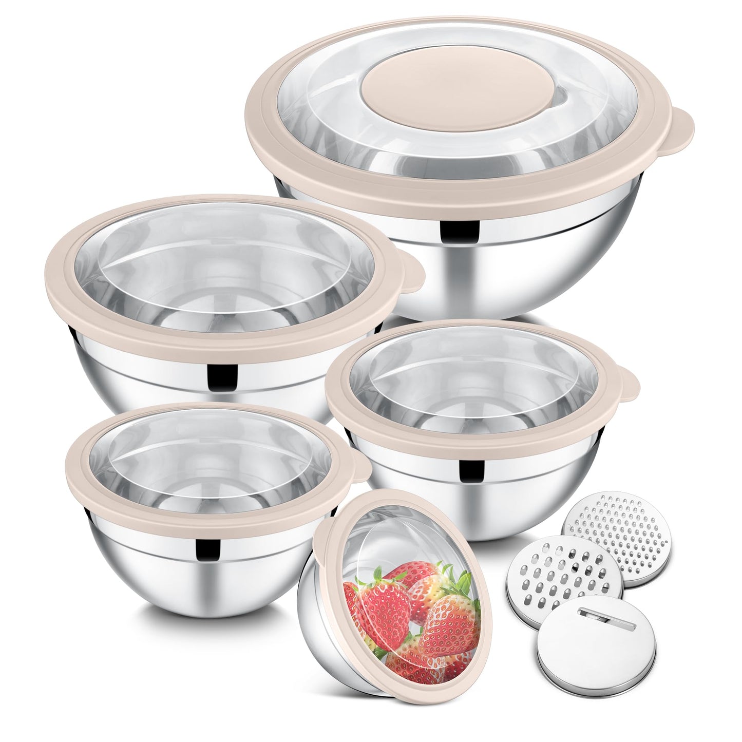 E-far Mixing Bowls Set of 5, Stainless Steel Salad Mixing Bowl with Transparent Lid, Metal Nesting Bowl Attach with 3 Graters for Kitchen Prepping/Serving/Baking/Storage, 4.6/2.6/1.5/1/0.7 QT - Khaki