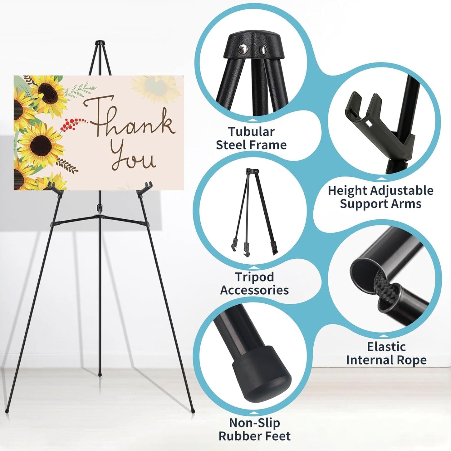 JEAWIWI 2 Pcs Black Easel Stand for Wedding Signs, 65" Black Adjustable Welcome Sign Stand, Foldable Portable Sign Easel Stand with Accessories, Metal Poster Easel for Art Displays and Events