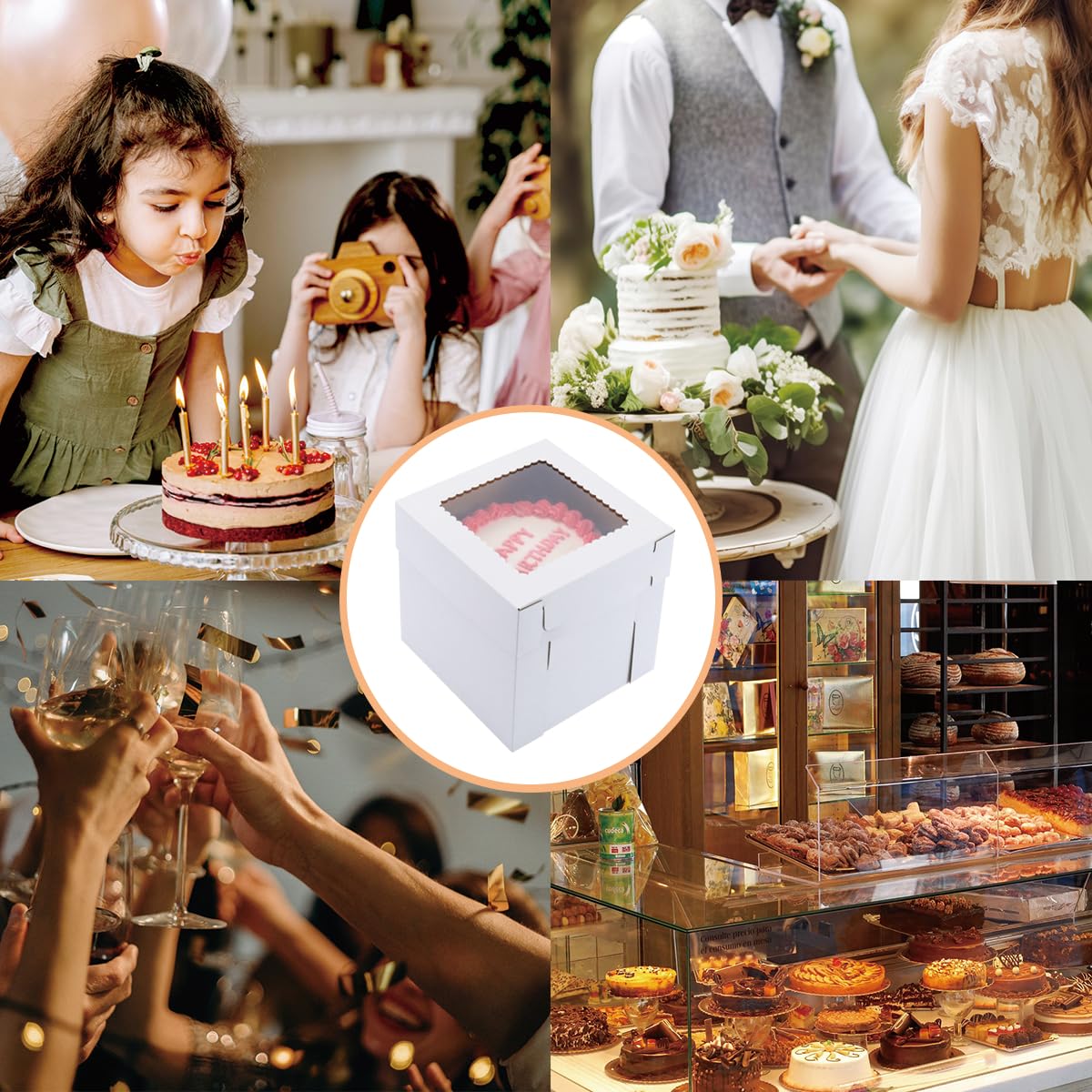 Huoshange Tall Cake Boxes for Tier Cakes,12x12x10 Inch [10Pack ] Sturdy Cake Box with Window,White Cake Boxes, Disposable Cake Containers,Birthday Cake Boxes