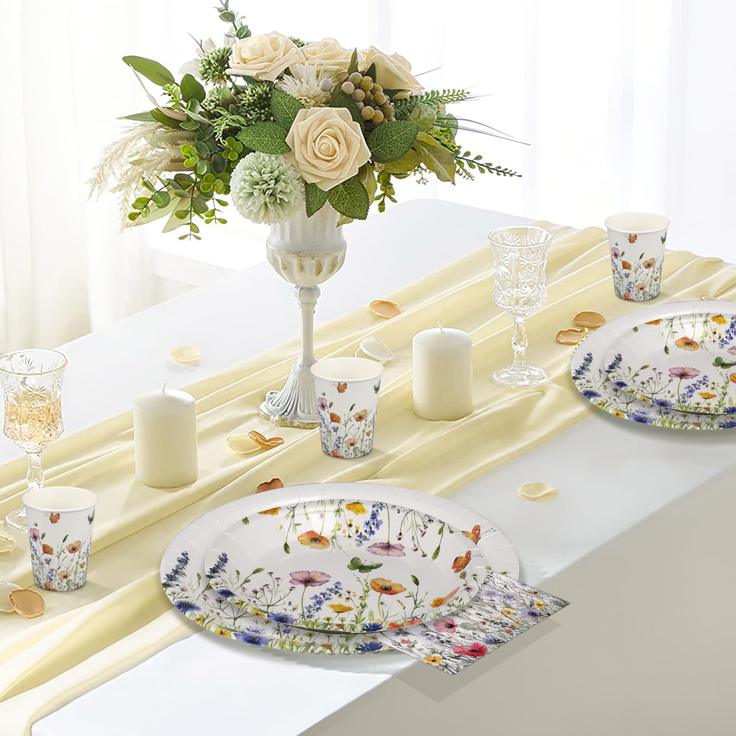 250 Pcs Wildflower Party Supplies Include Spring Floral 9 Inch and 7 Inch Paper Plates Napkins and Cups for Baby Shower Wedding Tea Party Decorations, Serve 50 Guest (Pink)