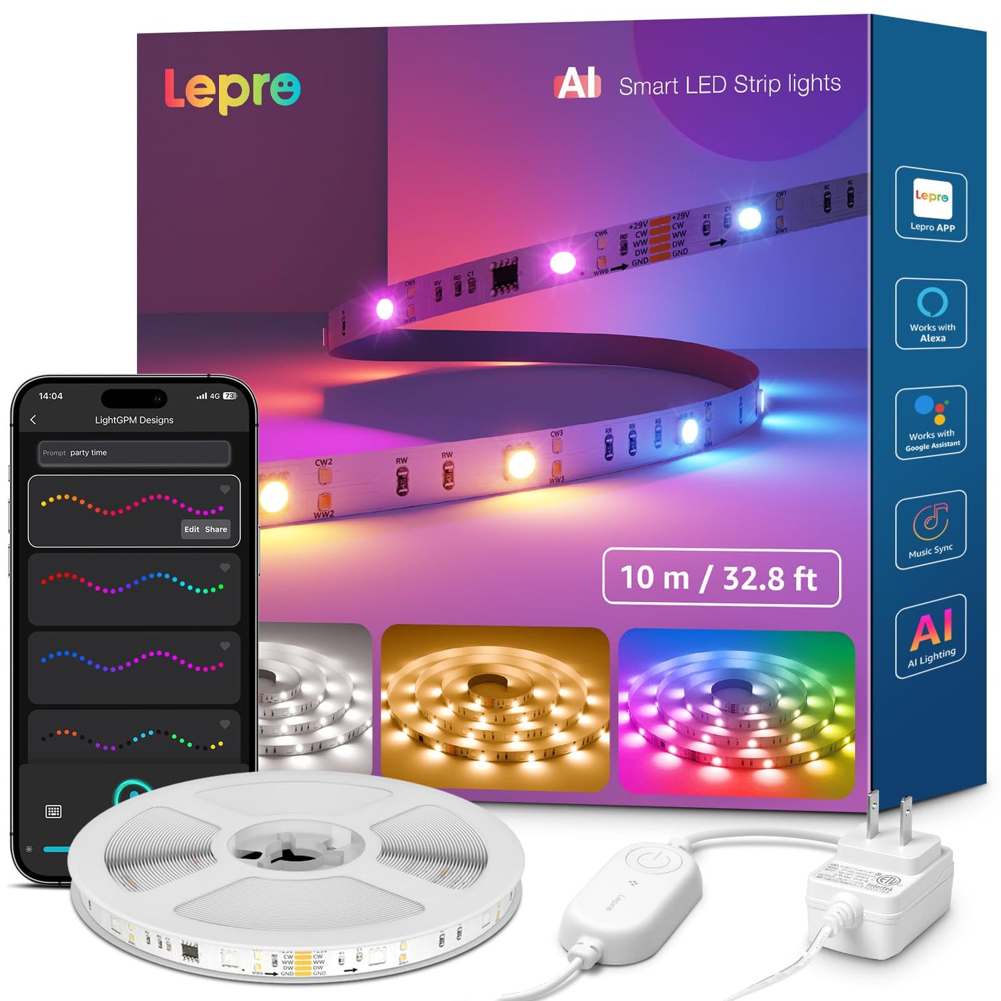 Lepro S2 RGBICWW Led Light Strips, RGBIC with Warm and Cool White, WiFi Led Lights Work with Alexa & Google Assistant, App Control Led Lights Strip for Bedroom, Living Room, TV Backlight 32.8ft