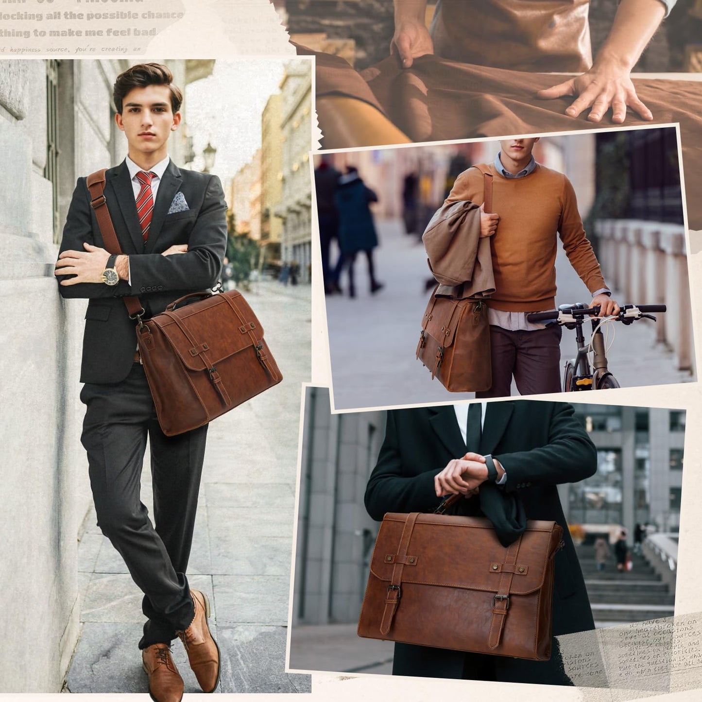Messenger Bag Men 17 Inch Laptop Bag Vintage PU Leather Computer Briefcase Waterproof Satchel Bag Retro Shoulder Bag for Office Work Business Travel College,Brown