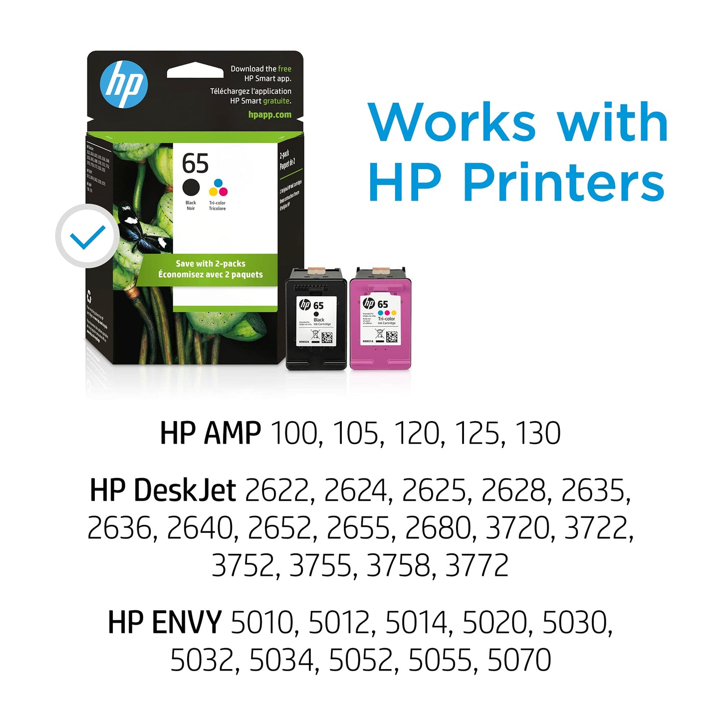 Original HP 65 Black/Tri-Color Ink Cartridges 2-Pack | Works with HP AMP 100 Series HP DeskJet 2600 3700 Series HP Envy 5000 Series | Eligible for Instant Ink