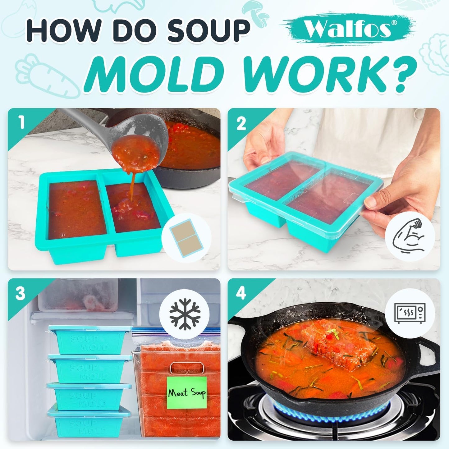 Walfos 1-Cup Silicone Freezer Molds with Lid, 4 Packs Soup Freezer Ice Cube Tray for Food, Silicone Food Freezing Container for Storing and Freezing Soup, Broth, Sauce and Ice.Aqua Color