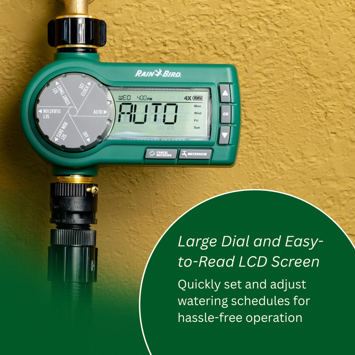 Rain Bird 1ZEHTMRP Premium Pro-Grade Electronic Digital Hose End Timer/Controller, One Zone/Station, Battery Operated, Brass Inlet/Outlet, Green