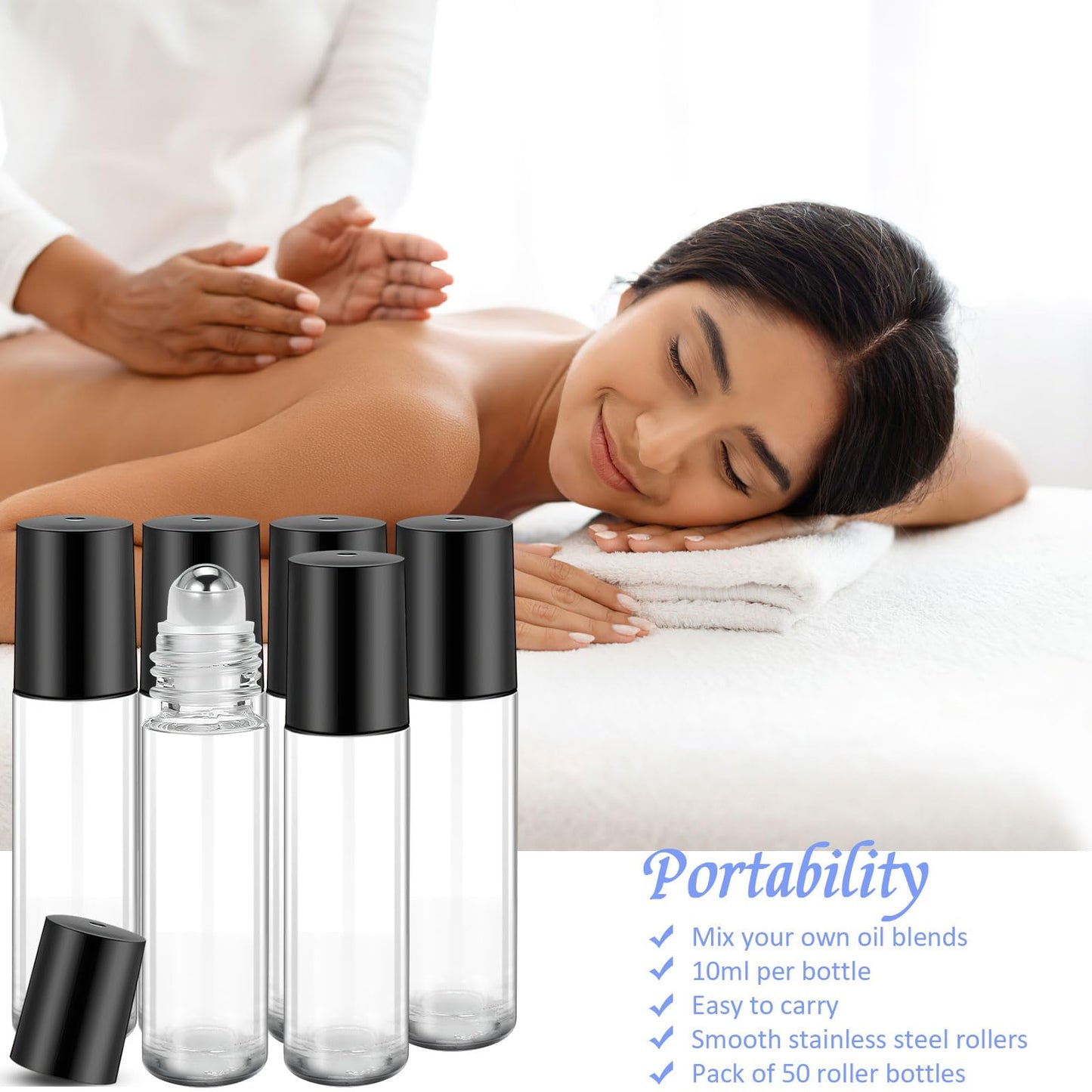 50 Pcs Essential Oil Roller Bottles, 10ml Empty Glass Roll on Bottle with Stainless Steel Applicator, Refillable Perfume Containers for Women Girls Travel, Wedding Baby Shower Party Gifts - Clear