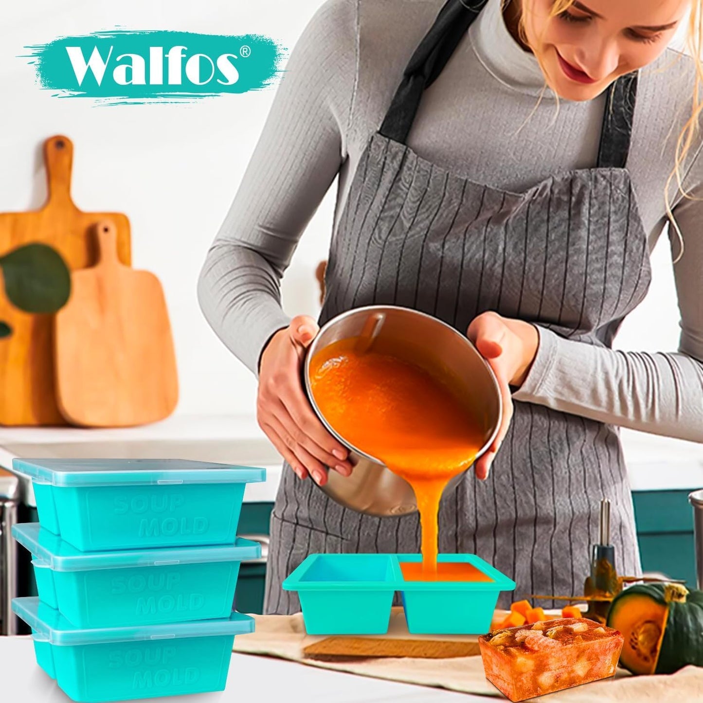Walfos 1-Cup Silicone Freezer Molds with Lid, 4 Packs Soup Freezer Ice Cube Tray for Food, Silicone Food Freezing Container for Storing and Freezing Soup, Broth, Sauce and Ice.Aqua Color