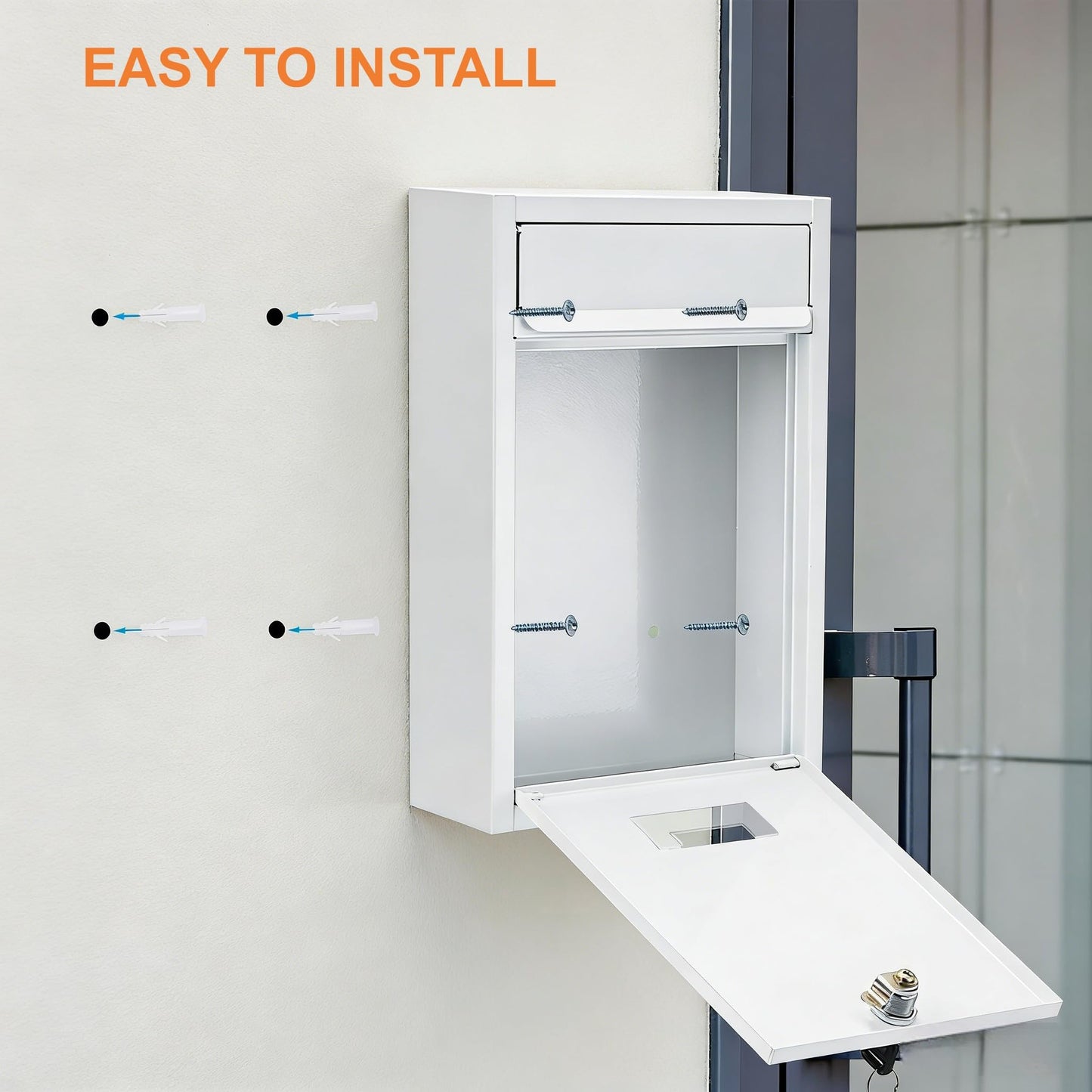 DEAYOU Wall Mount Mailbox with Key Lock, Locking Mail Box for Outside, Steel Cover Metal Dropbox, Security Postbox with Slot for Envelope, Letter, Home, Office, 12.6" H x 8.5" L x 3.3" W, White