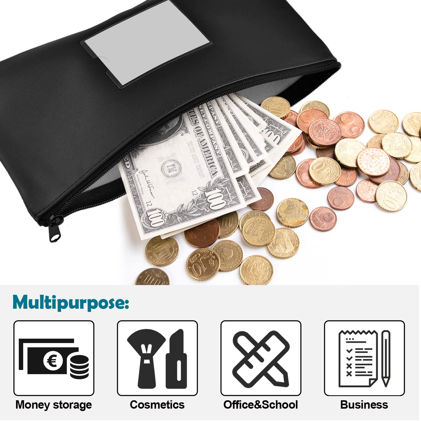 NICKANG 7 Pack Money Bag with Zipper for Cash | 11.25" x 6.25" | 7Colors for 7Day | Bank Deposit Bags with Framed ID Window and 7 Blank Cards, Cash Pouches, Cash Register bag.