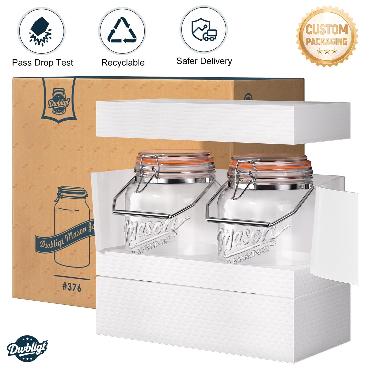 1 Gallon Glass Jars with Airtight Lids 2 Packs, Wide Mouth Mason Jars with Clip Top Lids & Stainless Steel Handle & Silicone Base, Glass Storage Containers for Kitchen Storage, Pickling - Dual Scale