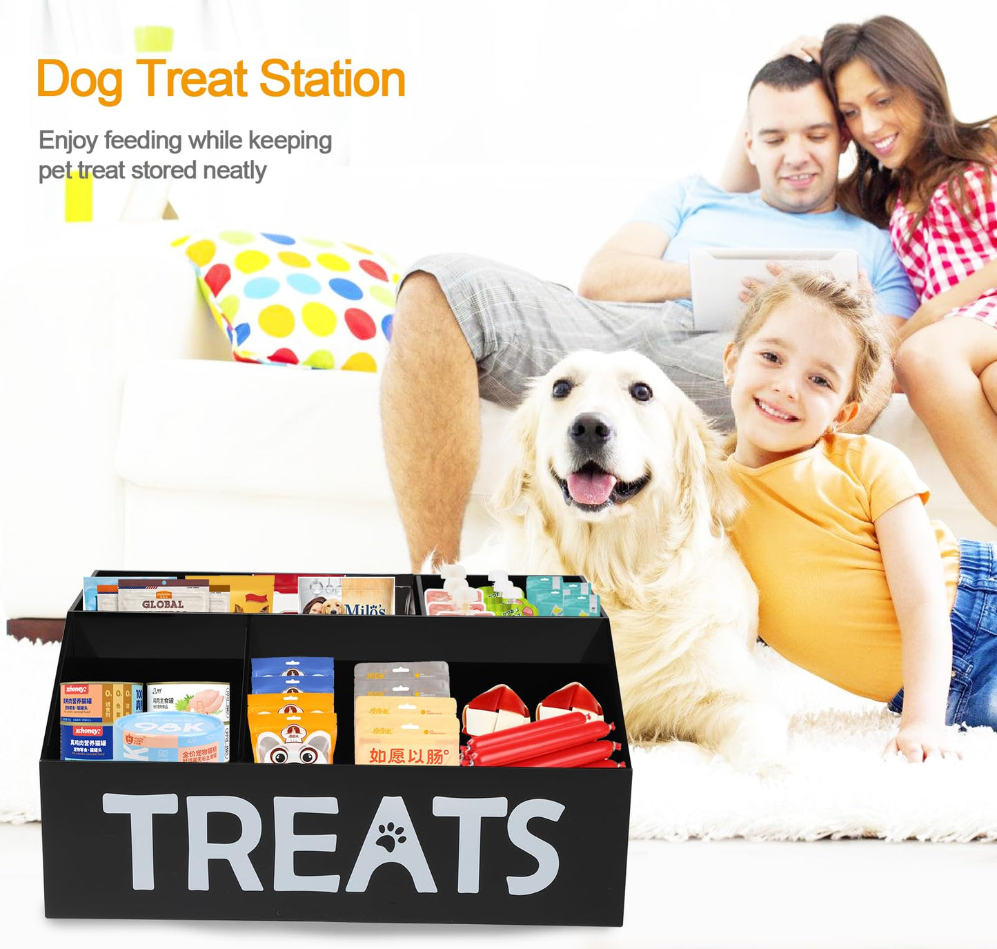 Brabtod Acrylic Dog Storage Organizer,Dog Treat Station with dividers,Trapezoid Dog Treat Container for Countertop,Cat Treat Storage Bin,Ideal for Dog Cat Bagged Snack or Can Food-Black