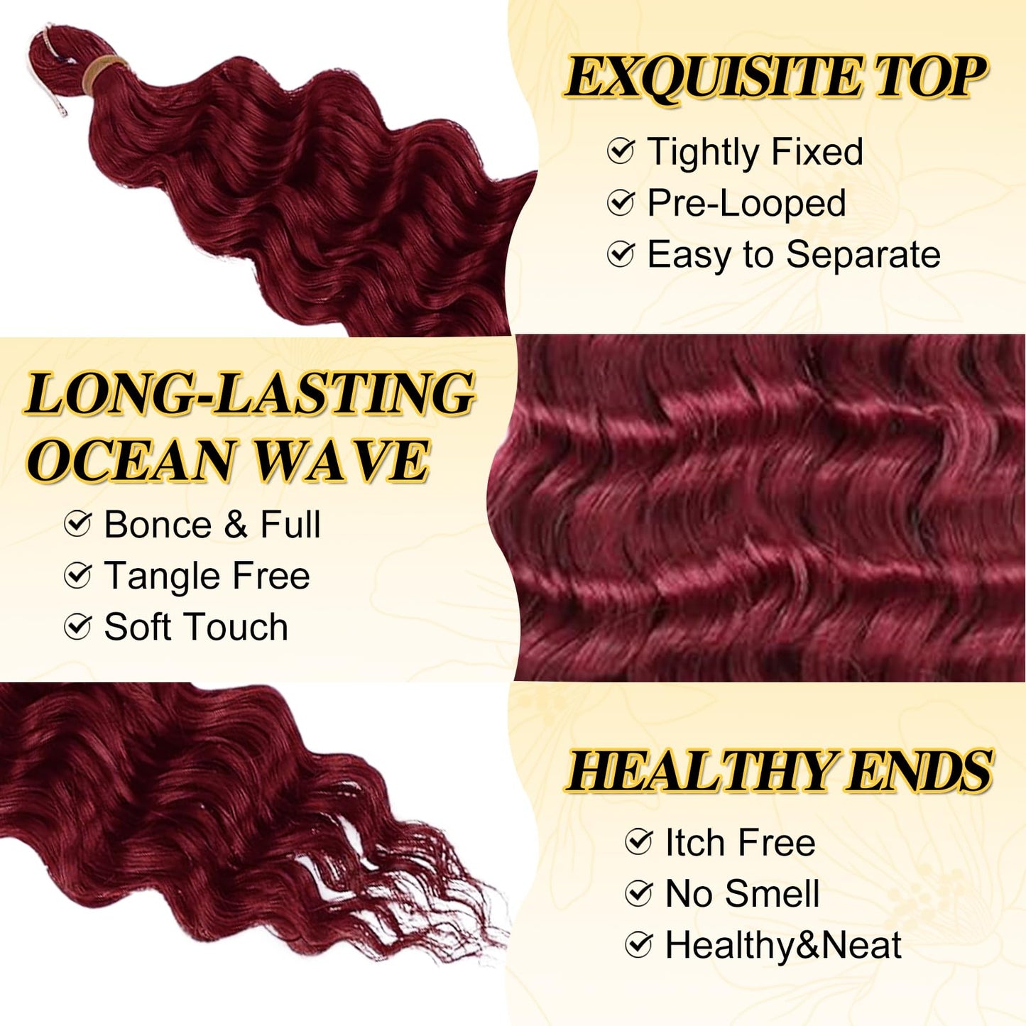 BARSDAR Ocean Wave Crochet Braiding Hair - 22 Inch 6 Packs Deep Wave GoGo Curl Crochet Hair for Women - Soft Synthetic Boho Braids Water Wavy Long Curly Braiding Extensions - Burgundy Red