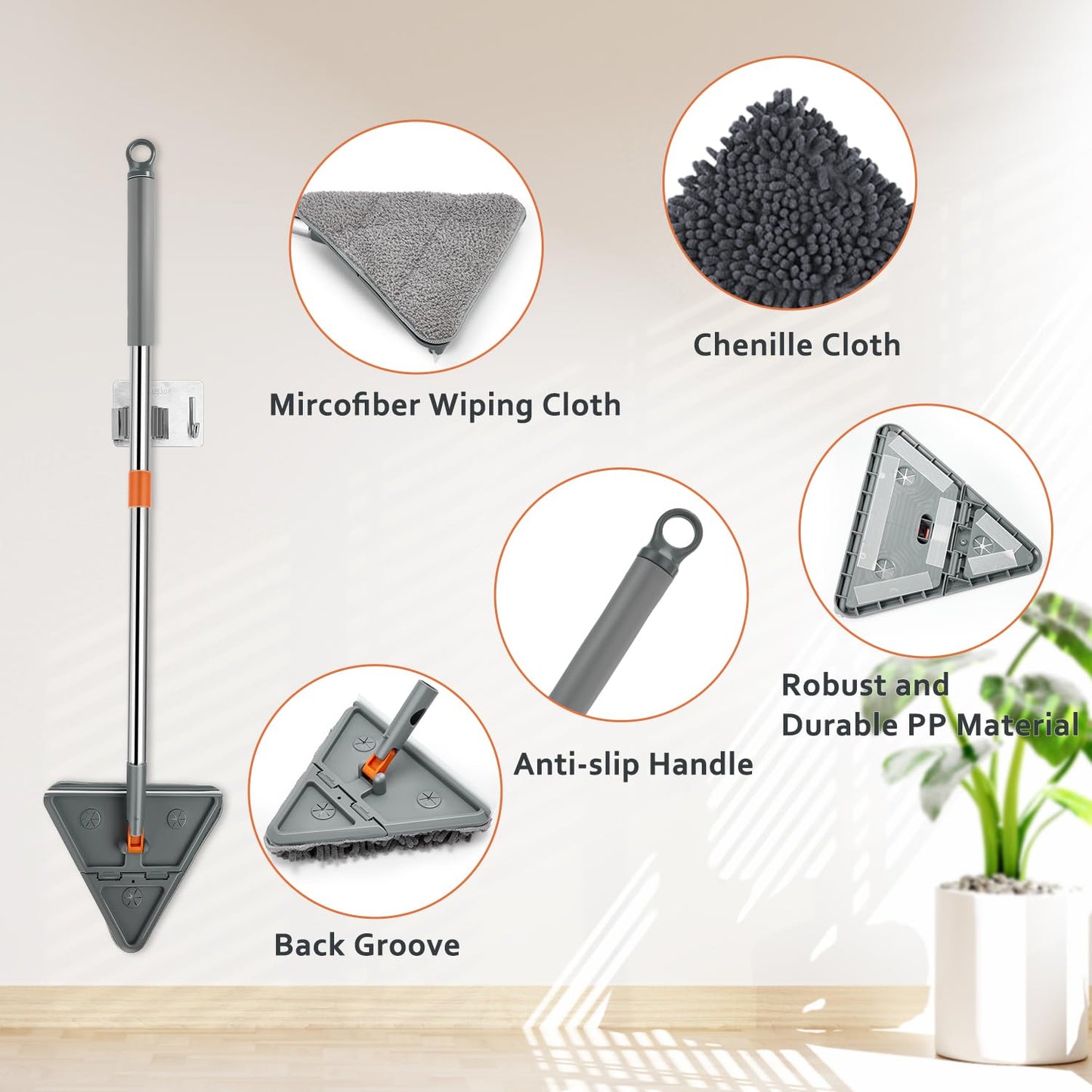 Feeloco Baseboard Cleaner Tool with Handle,360°Rotating Wall Cleaner Mop,180° Folding Ceiling Tool Duster with Squeegee for Cleaning Baseboard,Wall,Ceiling,Window,Floor,8 Replacement Cleaning Pads