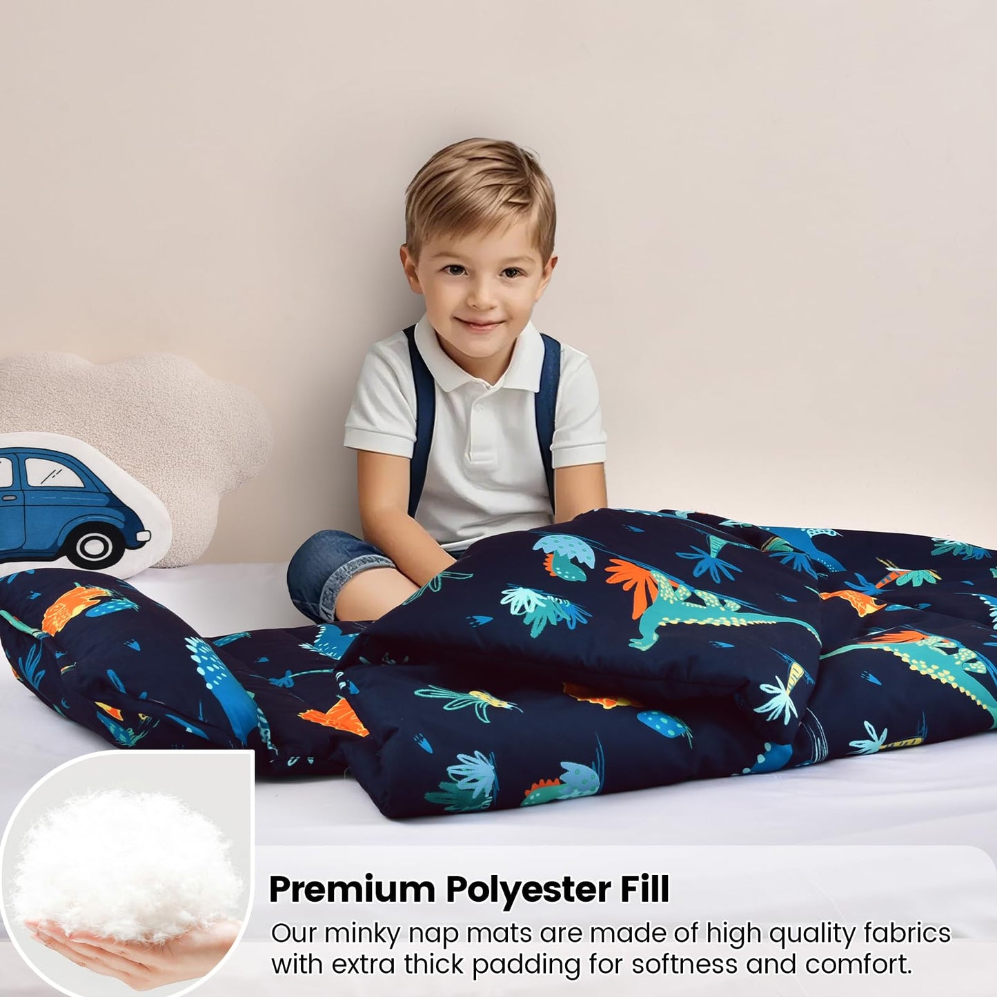 david's kids Toddler Nap Mat Set with Removable Pillow, Ultra Soft Slumber Bags for Boys，Perfect for Preschool, Daycare, Kids Sleeping Bags with Rollup Design, 50"x20", Dinosaur