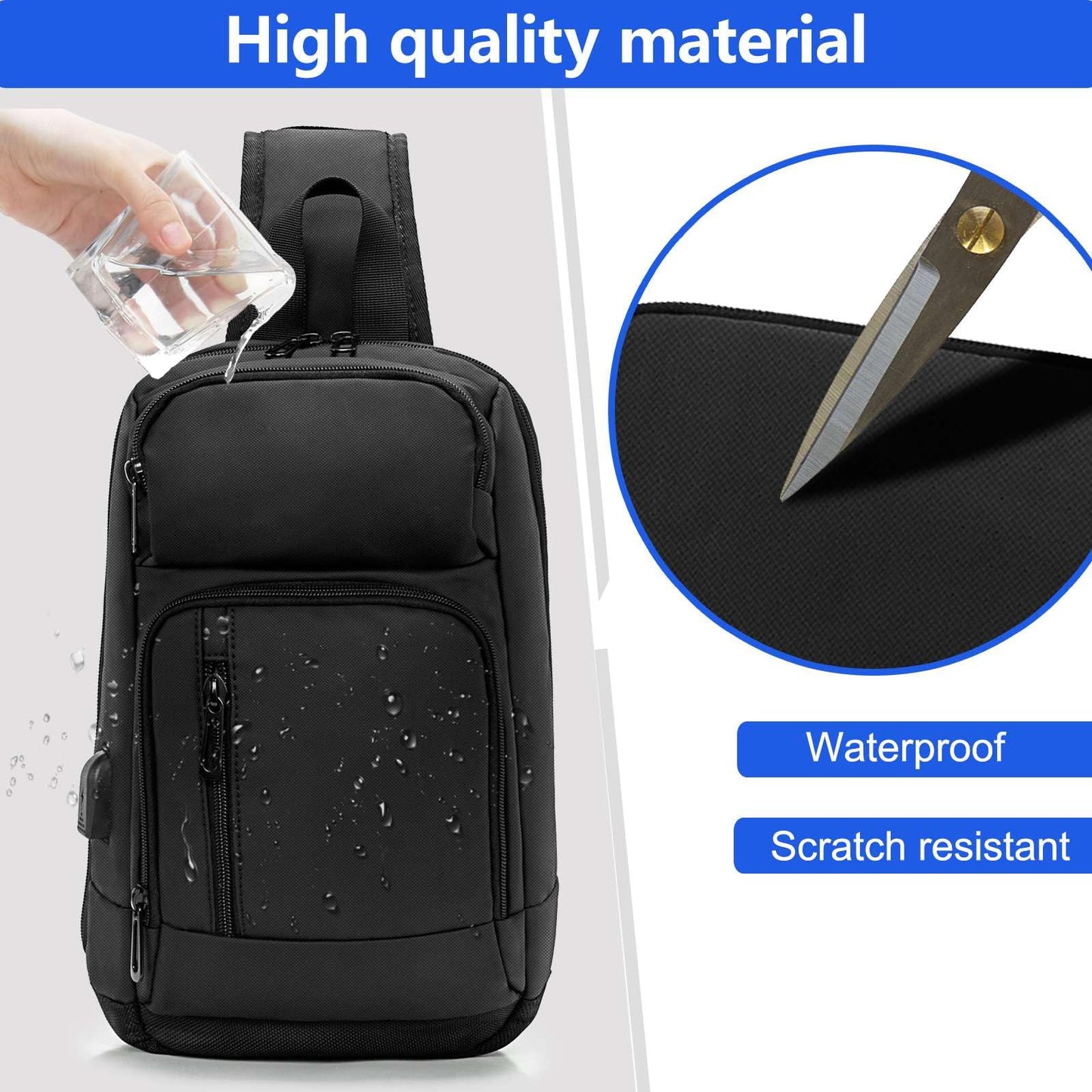 Sling Bag for Men Women, 900D Waterproof Fabric, USB Charging Port, Smart Strap with Card Pocket, Breathable Back Design for Daily Commute Travel Weekend Dates