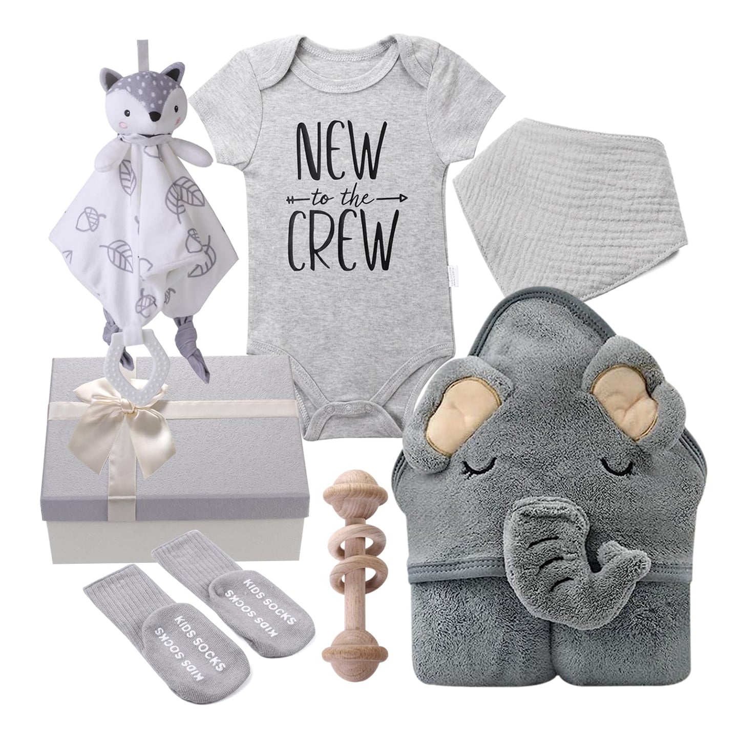 Baby Boy Girl Gift Box Set Newborn Baby Blanket, Newborn Lovey Security Blanket, Baby Wooden Rattle Toy, New Born Clothes Bibs Socks