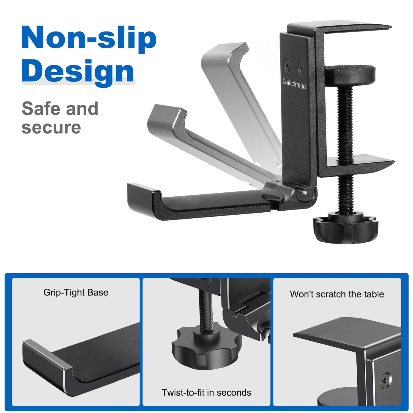 Goldmille Aluminum Headphone Stand Hanger Foldable with Cable Clip - Headset Holder Clamp Hook Under Desk, Save Your Space While Working & Gaming - 2Pack
