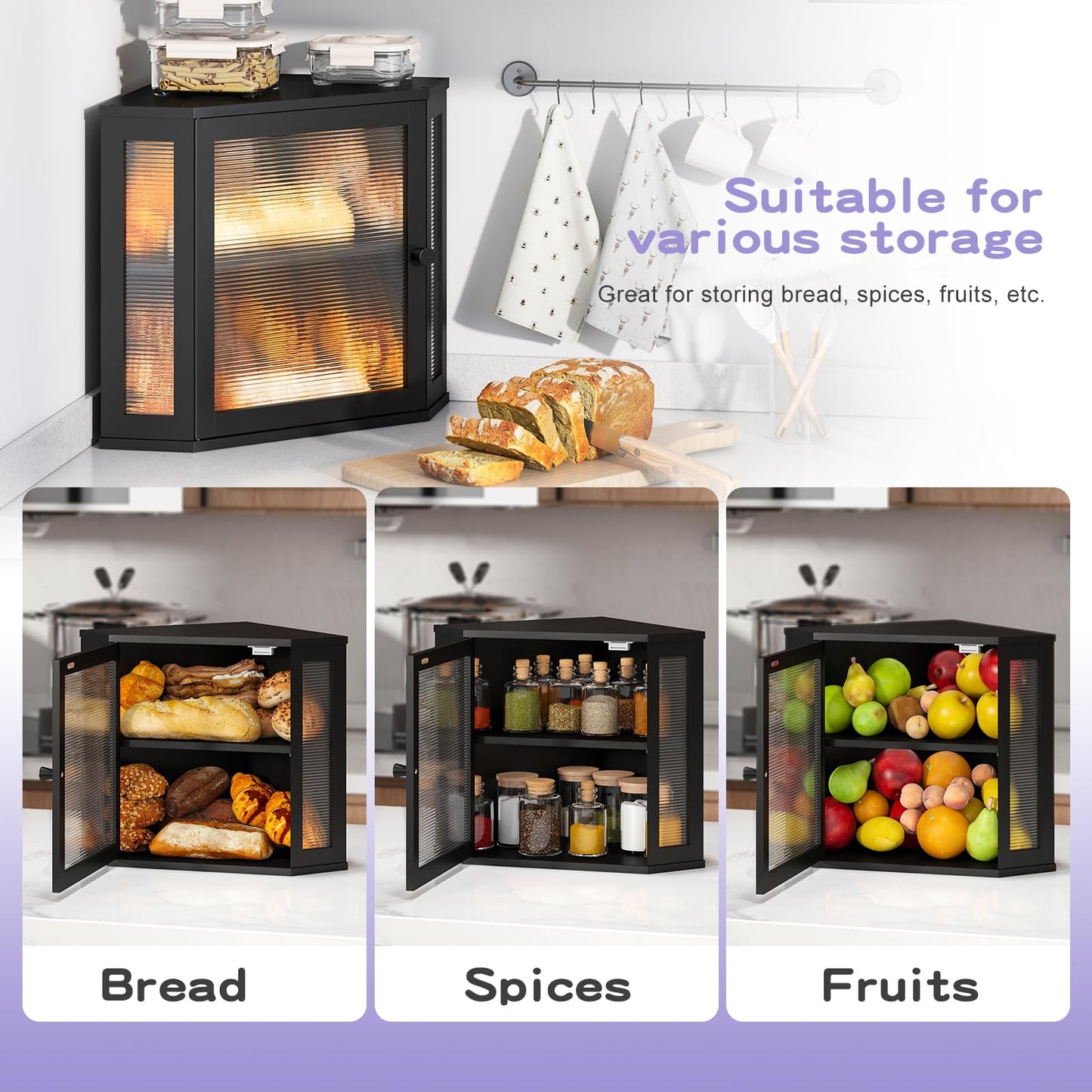 Wieghda Corner Bread box for Kitchen Countertop,Farmhouse Bread Box with Acrylic Wavy Door Panel,Large Bread box for kitchen countertop,Kitchen Countertop Food Storage Container (Black, Medium)