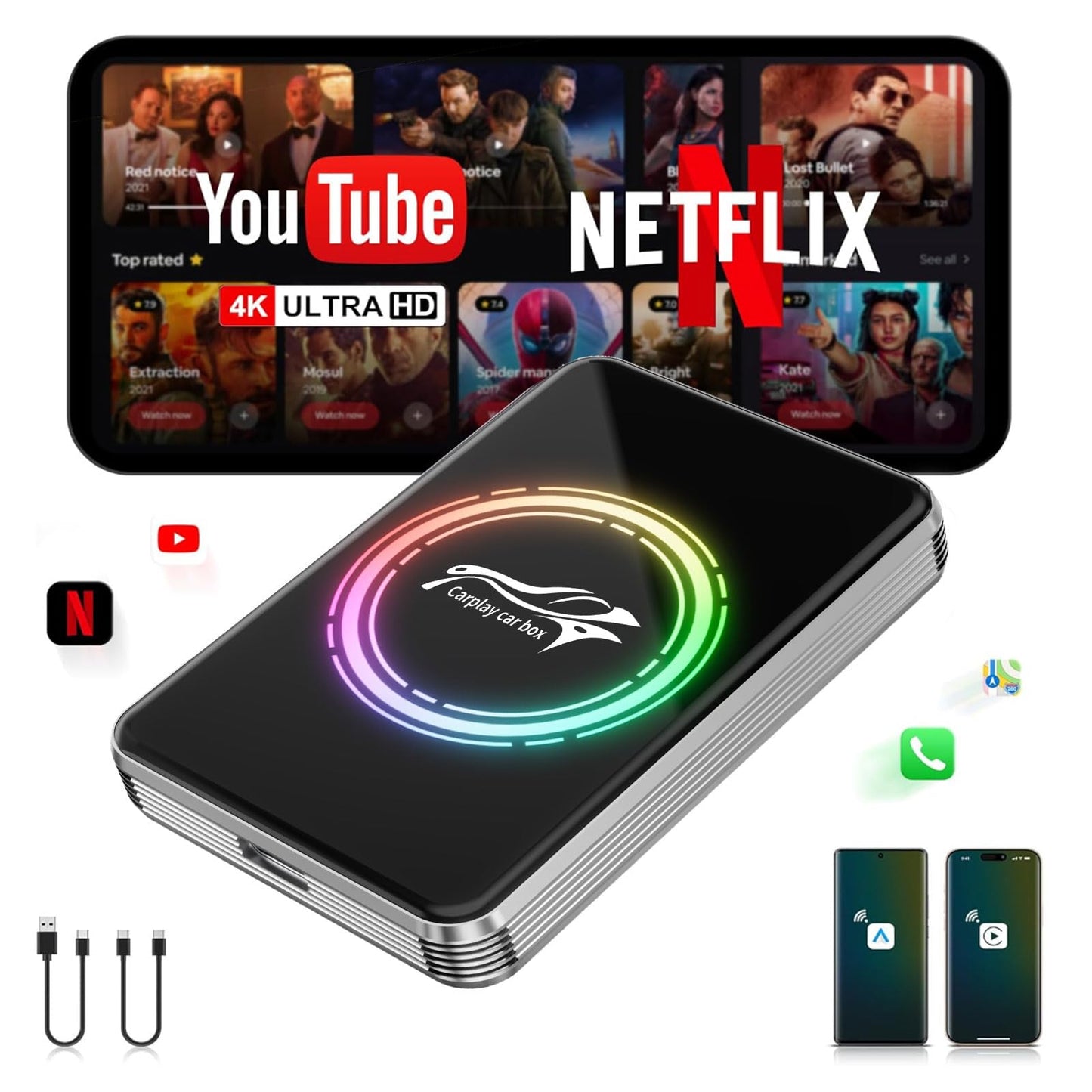 3-in-1 Wireless CarPlay Adapter，AI Magic Box Support Netflix/YouTube/TikTok, Plug & Play, 4GB+32GB ROM, Android 13 System, WIFI6 & Bluetooth 5.4, Fit with iPhone 6+/iOS10+/Android 11+
